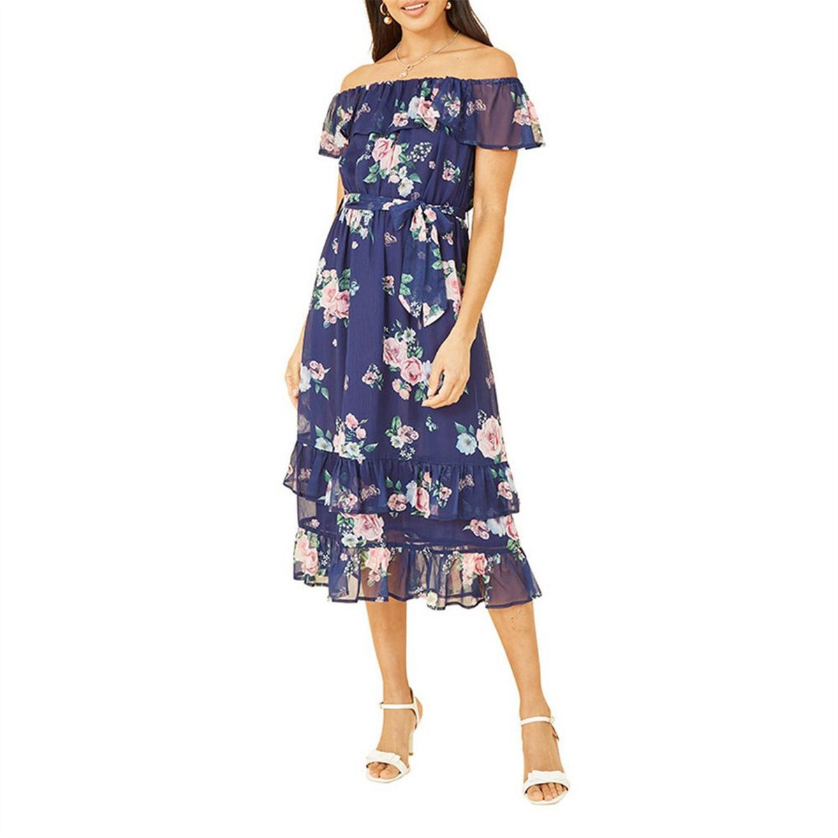 Yumi Floral Off-The-Shoulder Midi A-Line Dress