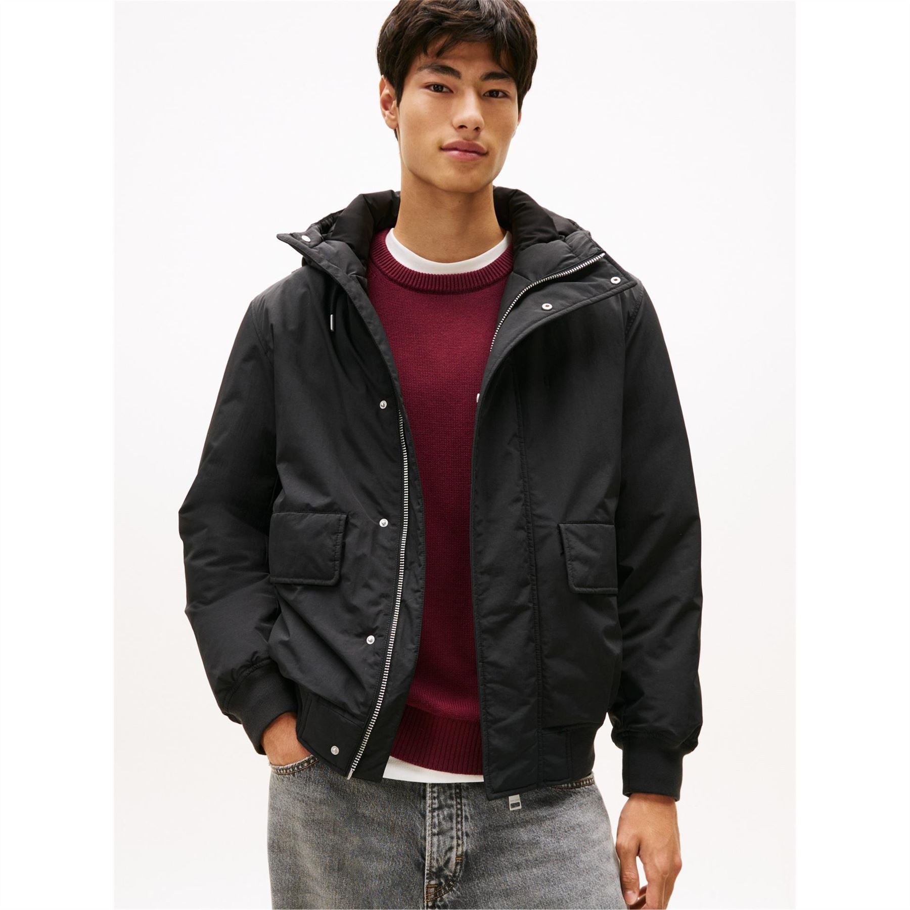 Tommy Jeans Solid Patterned Snap Button Ribbed Cuff Flap Pocket Bomber Jacket