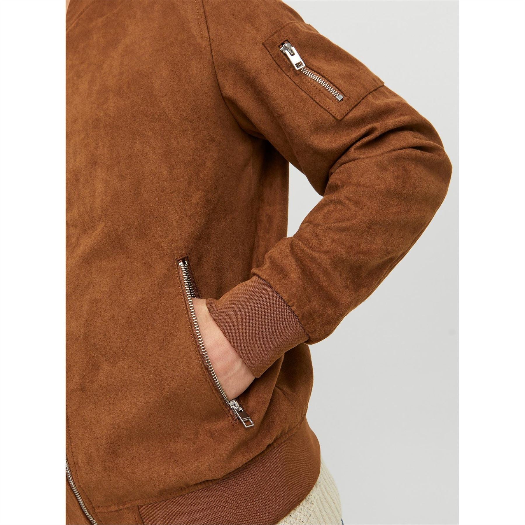 Jack and Jones Faux Suede Bomber Rib Crew Neck Jacket