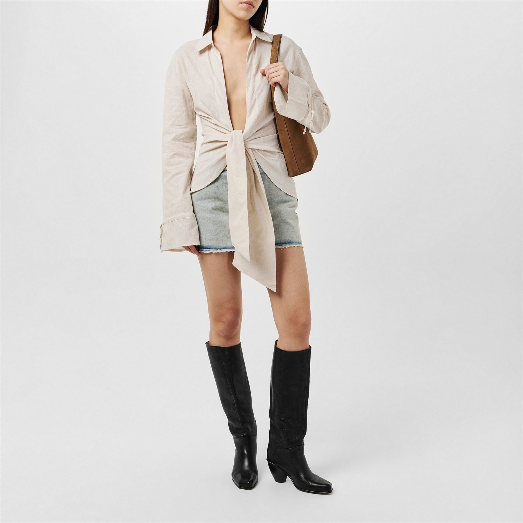 Missy Empire Beige Linen Tie FronT-Shirt