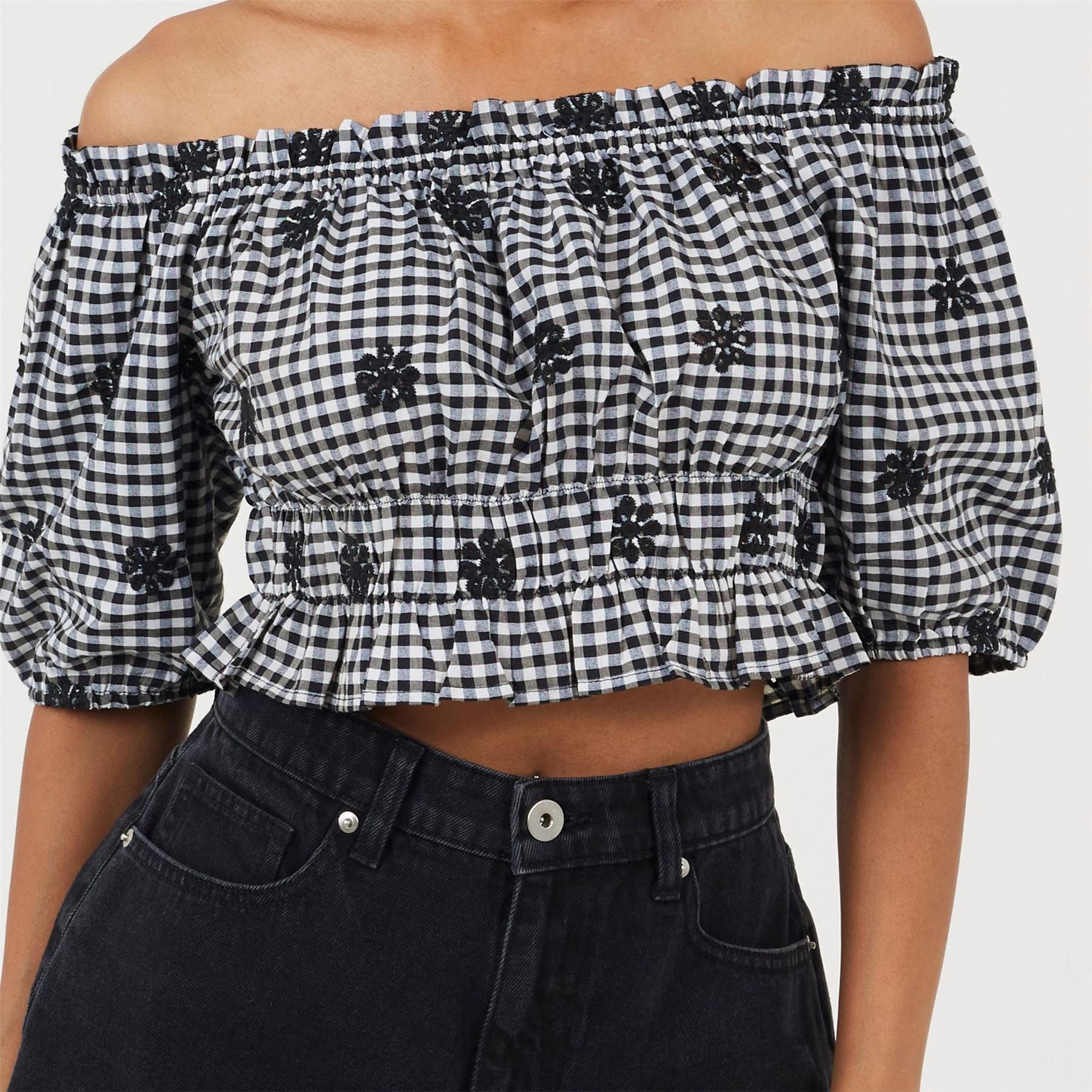 Brave Soul Womens Puff Sleeve Broderie Anglaise Top In Gingham