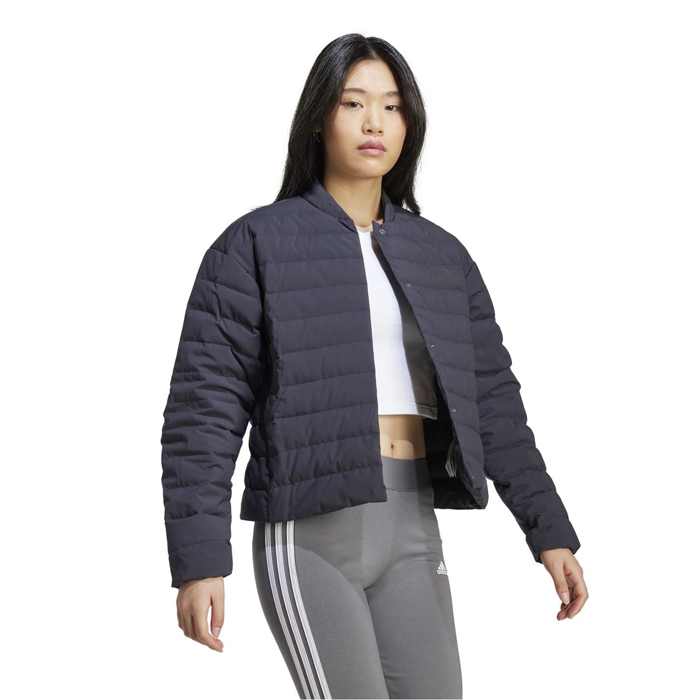 adidas Solid Patterned Mock Neck Band Collared Horizontal Pocket Down Jacket