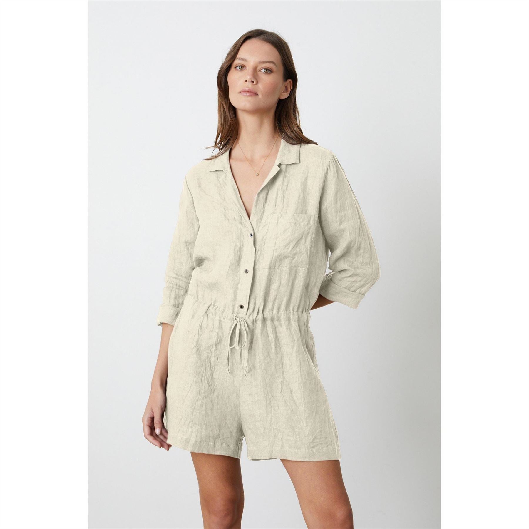 Velvet by Graham and Spencer Collared Neck Three Quarter Sleeve Solid Patterned Playsuit