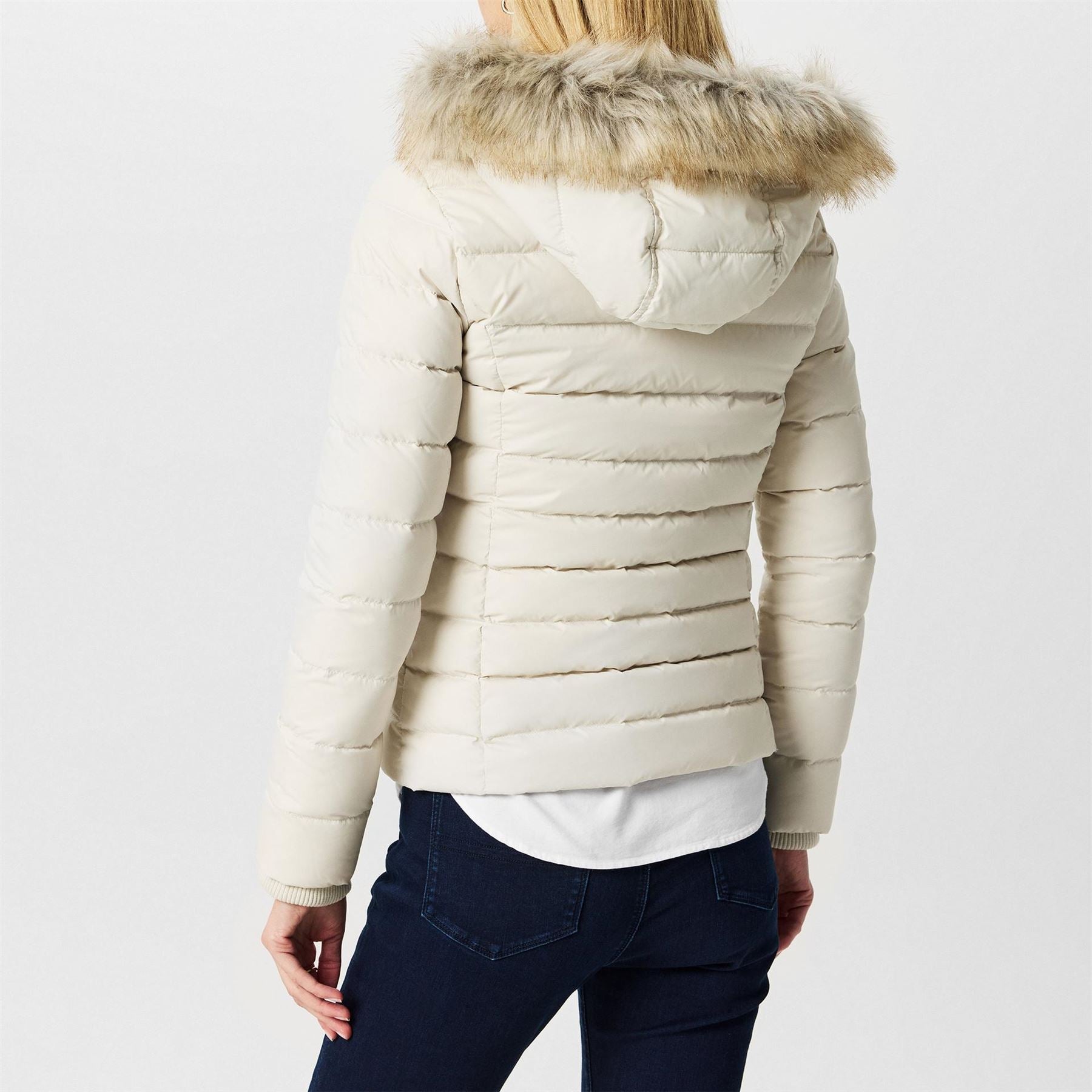 Tommy Jeans Essential Quilted Wind Resistant Faux Fur Hood RDS Down Short Puffer Jacket