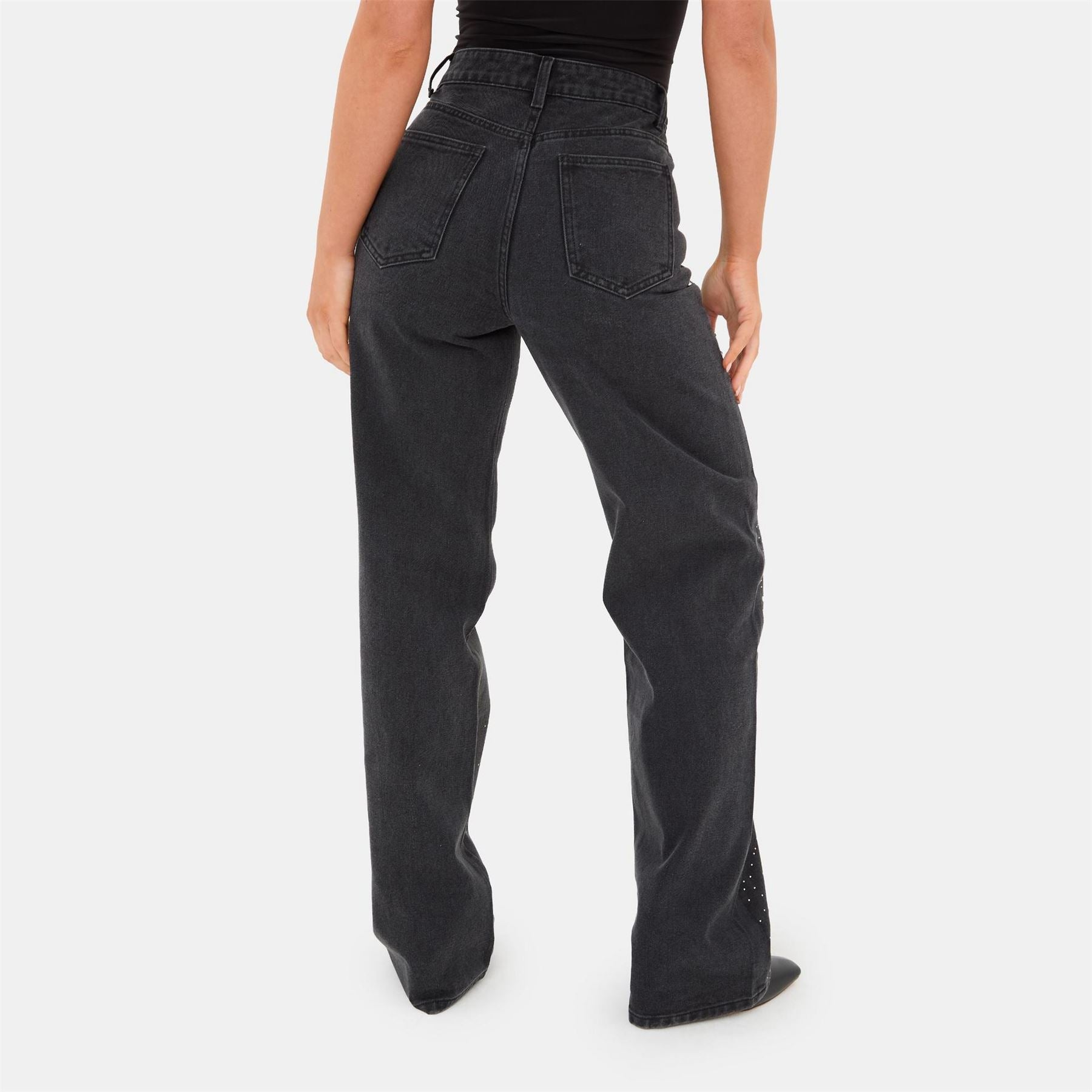 I Saw It First Rhinestone High Waisted Cotton Straight Leg Jeans