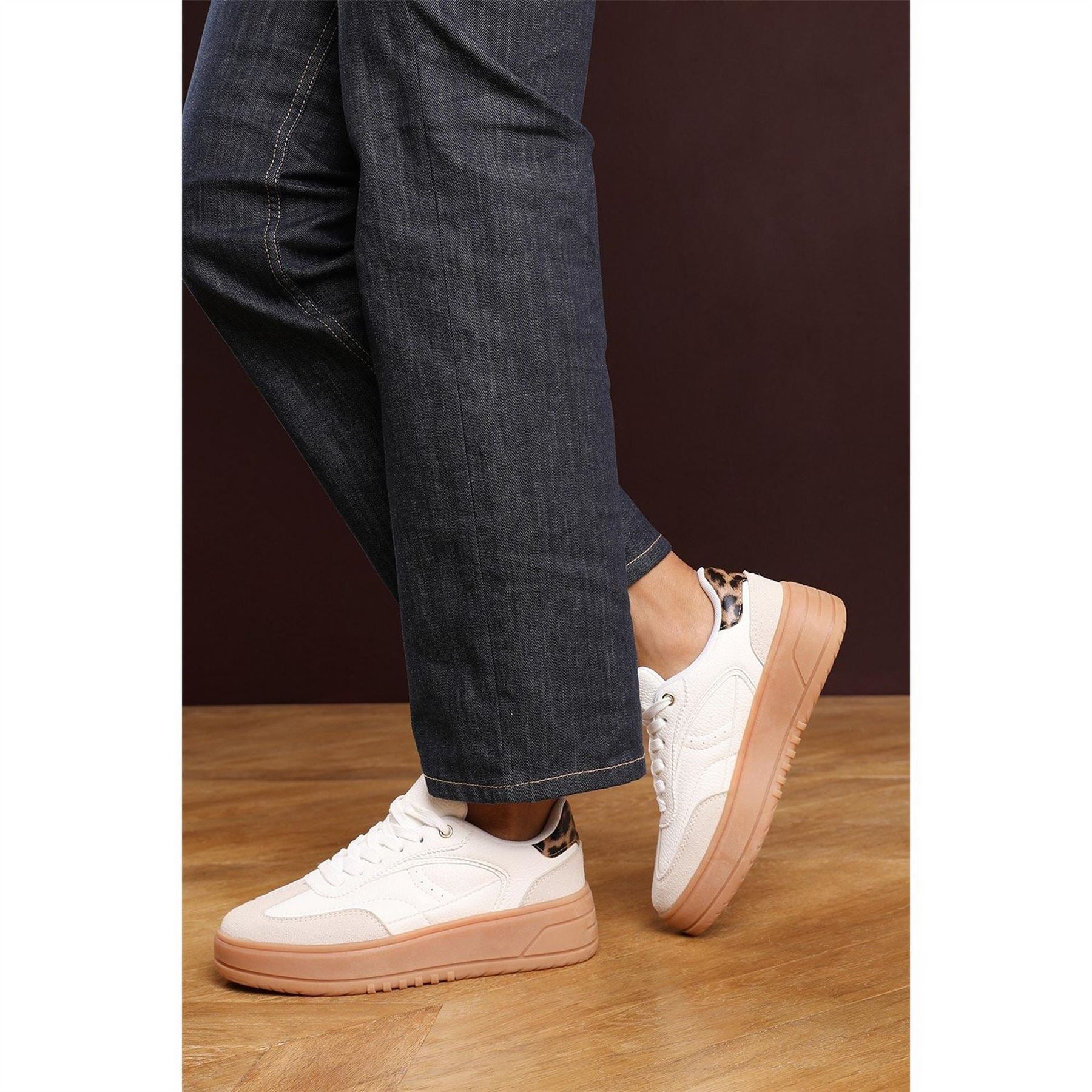 Wheres That From Low Wedge Lace Up Trainer With Leopard Print Heel Detail