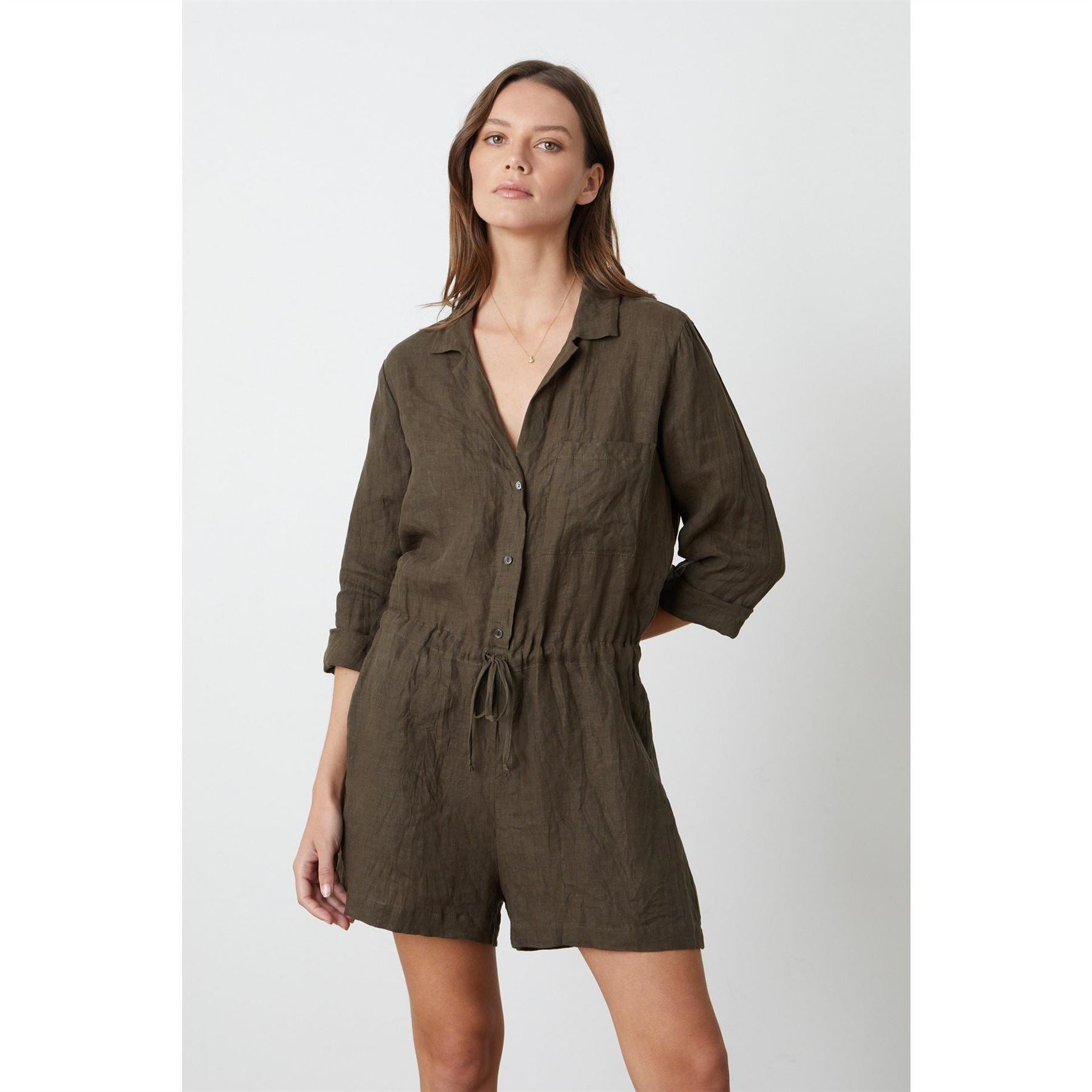 Velvet by Graham and Spencer Collared Neck Three Quarter Sleeve Solid Patterned Playsuit