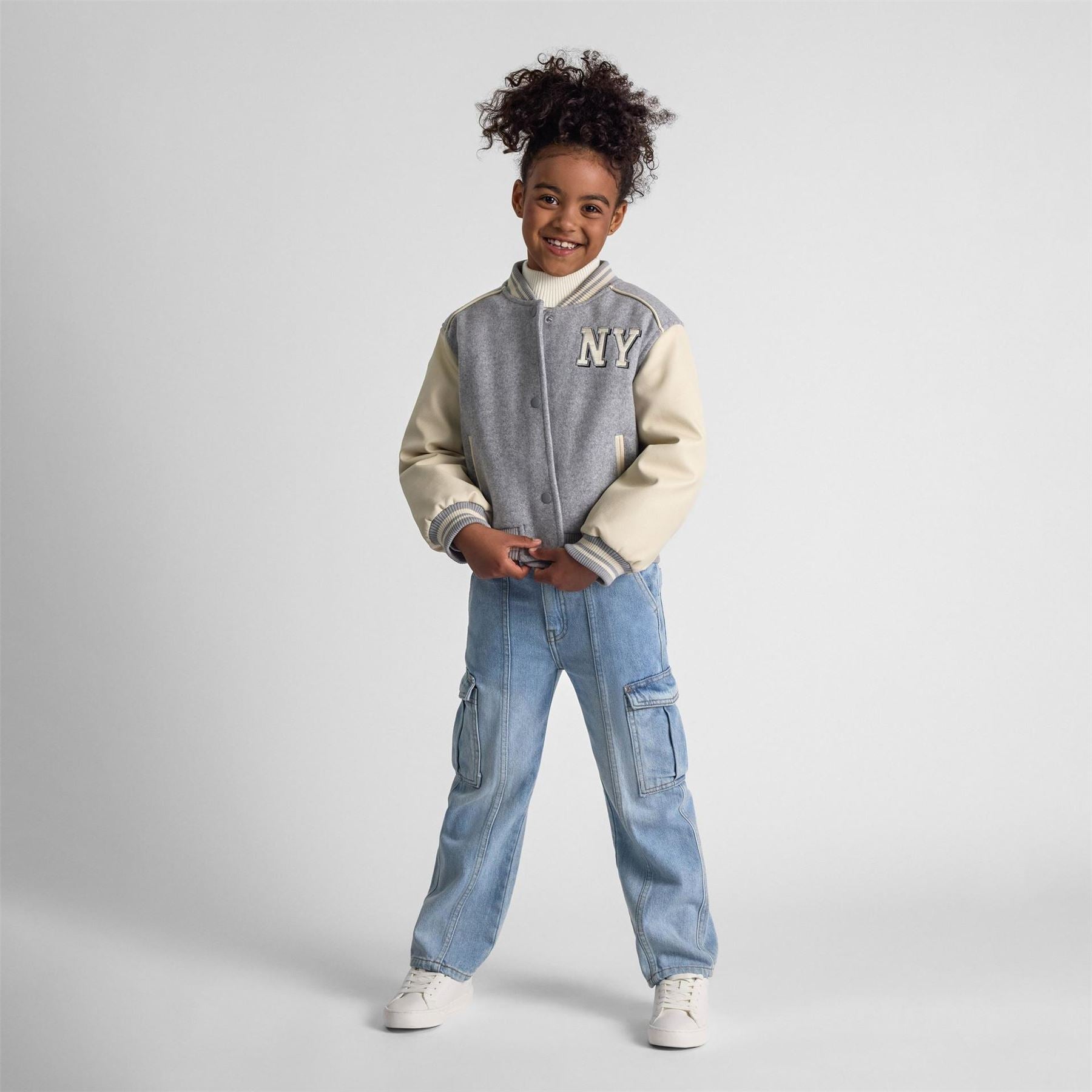 Minoti Girls Baseball Style Jacket With Faux Leather Sleeves Grey