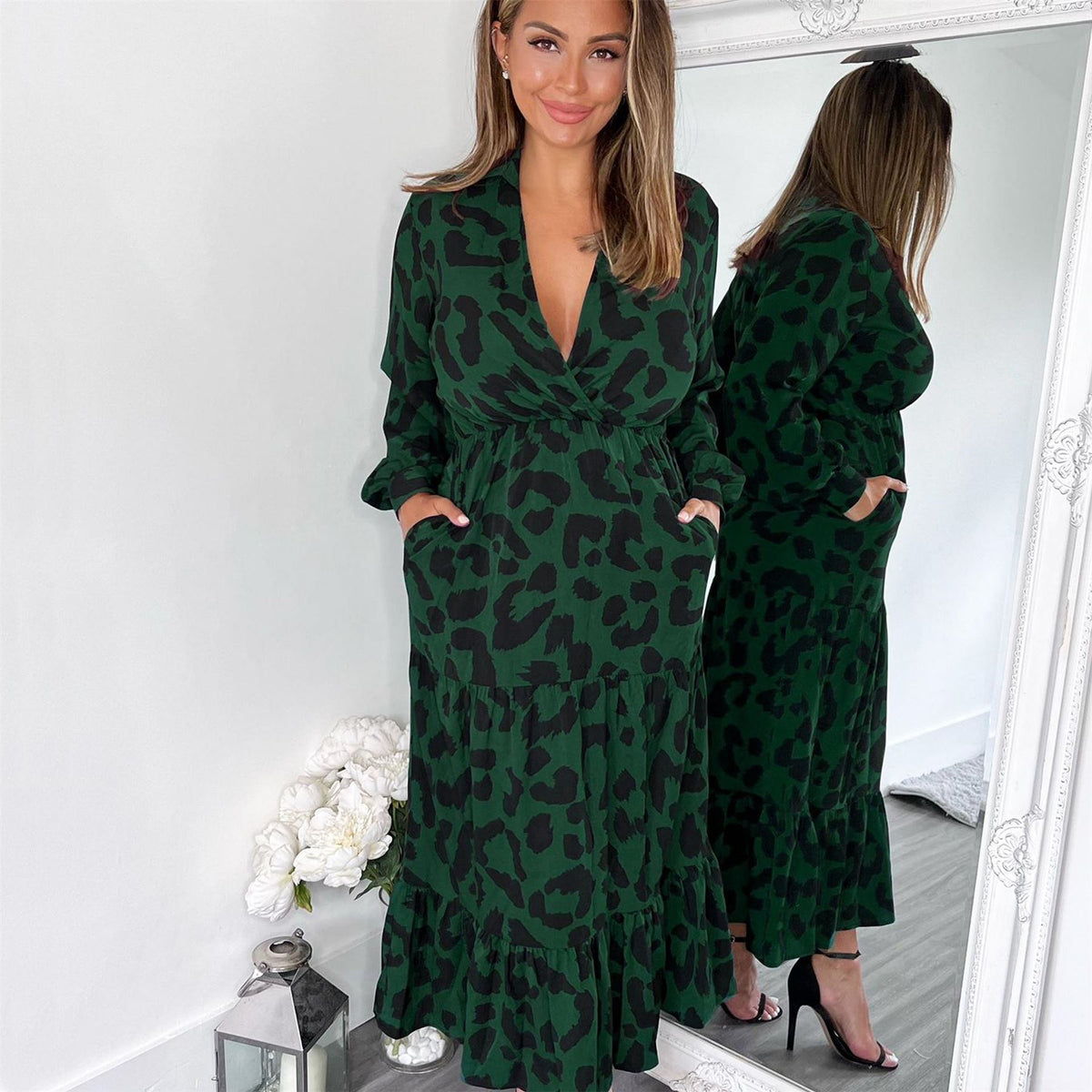 AX Paris Leopard Print Long Sleeve Smock Midi Dress