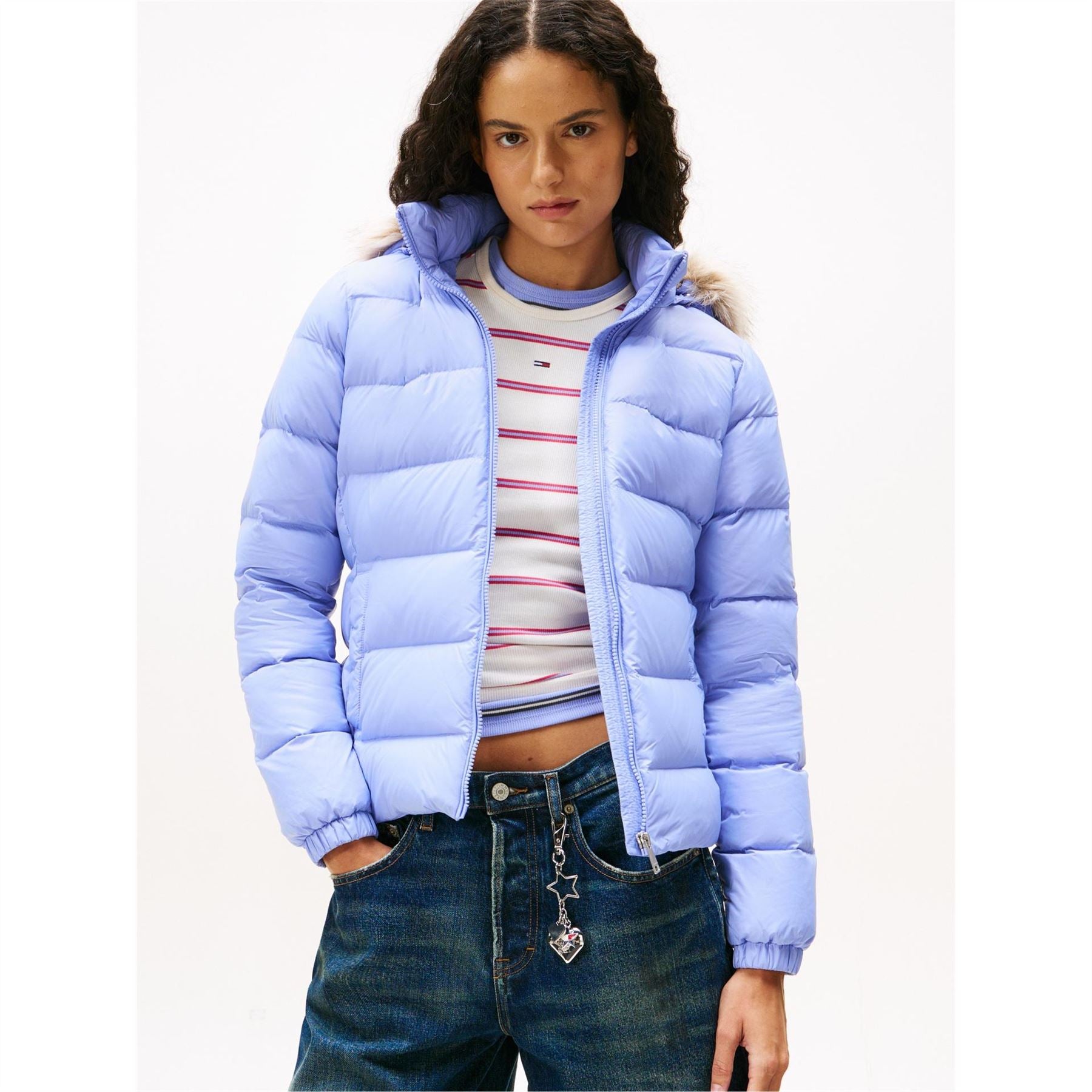 Tommy Jeans Essential Quilted Wind Resistant Faux Fur Hood RDS Down Short Puffer Jacket