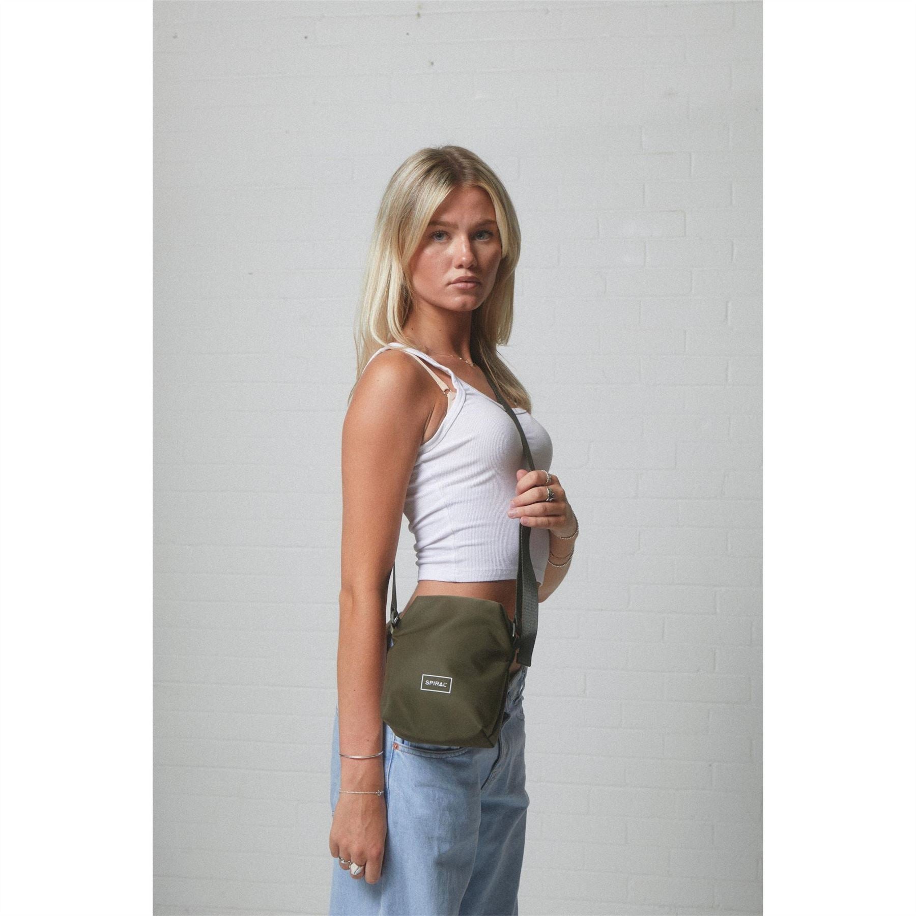 Spiral Rectangle Cross Body Bag with Black Hardware