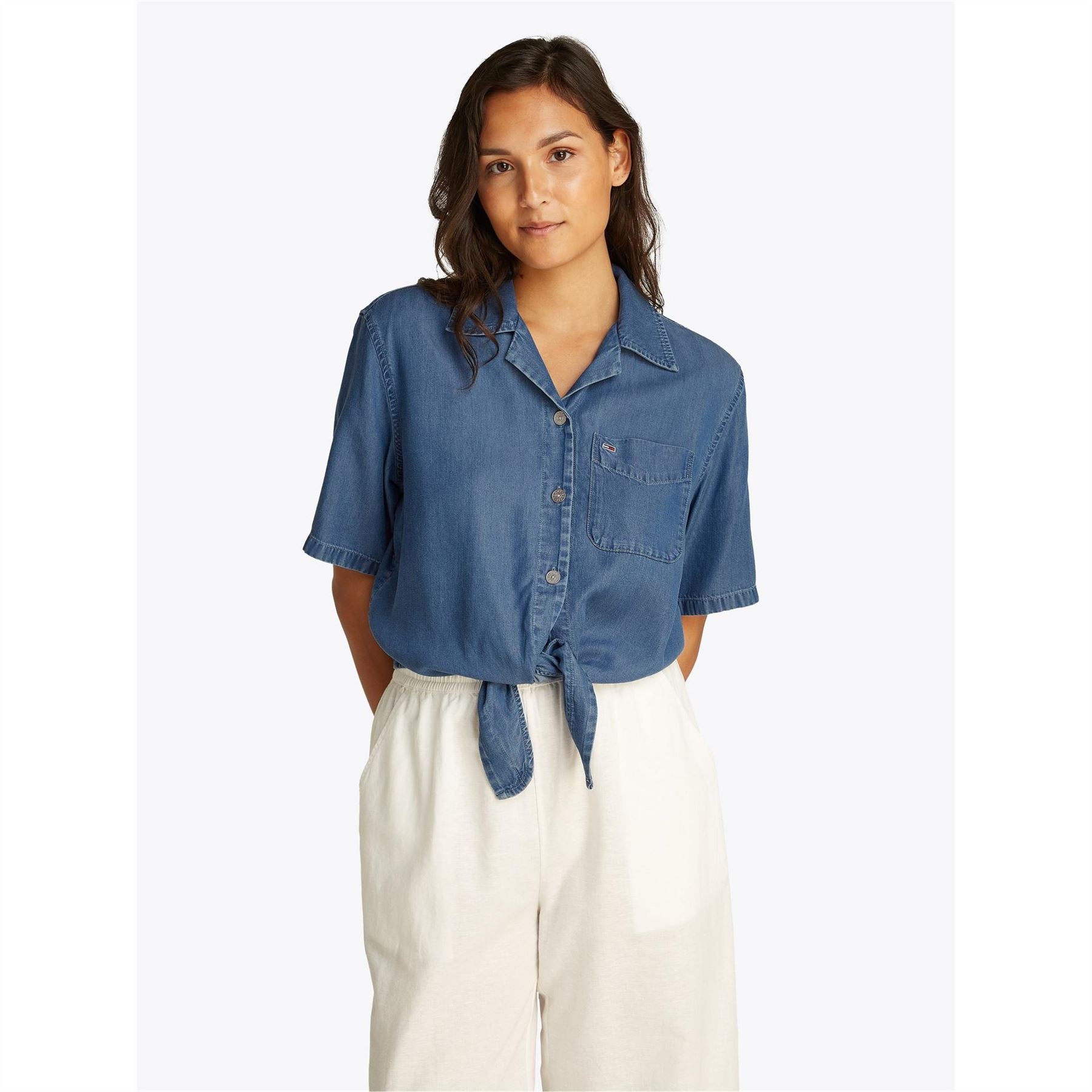 Tommy Jeans Chambray Tie Cropped Short Sleeve Shirt