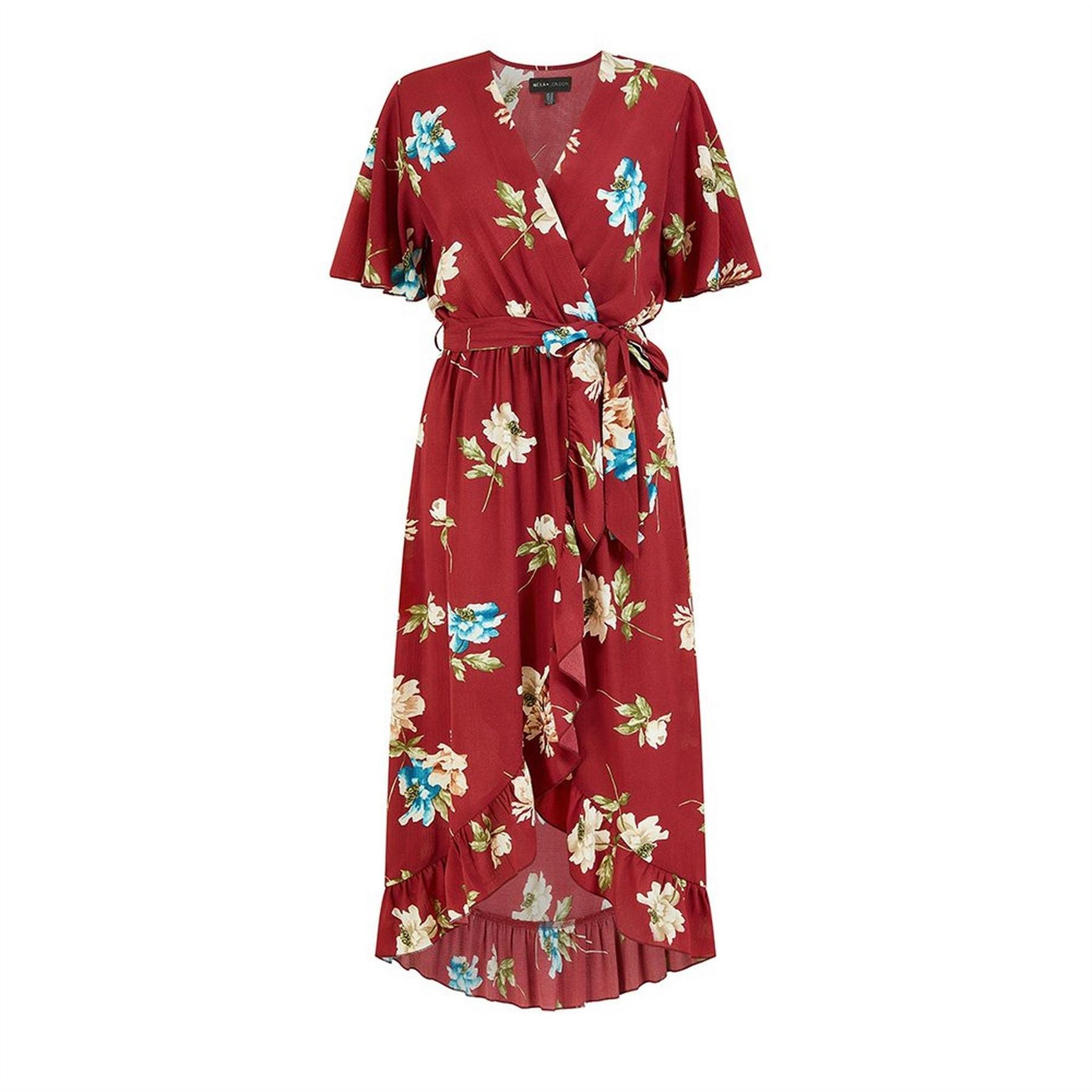Mela London Red Floral Dip Hem Midi Wrap Dress