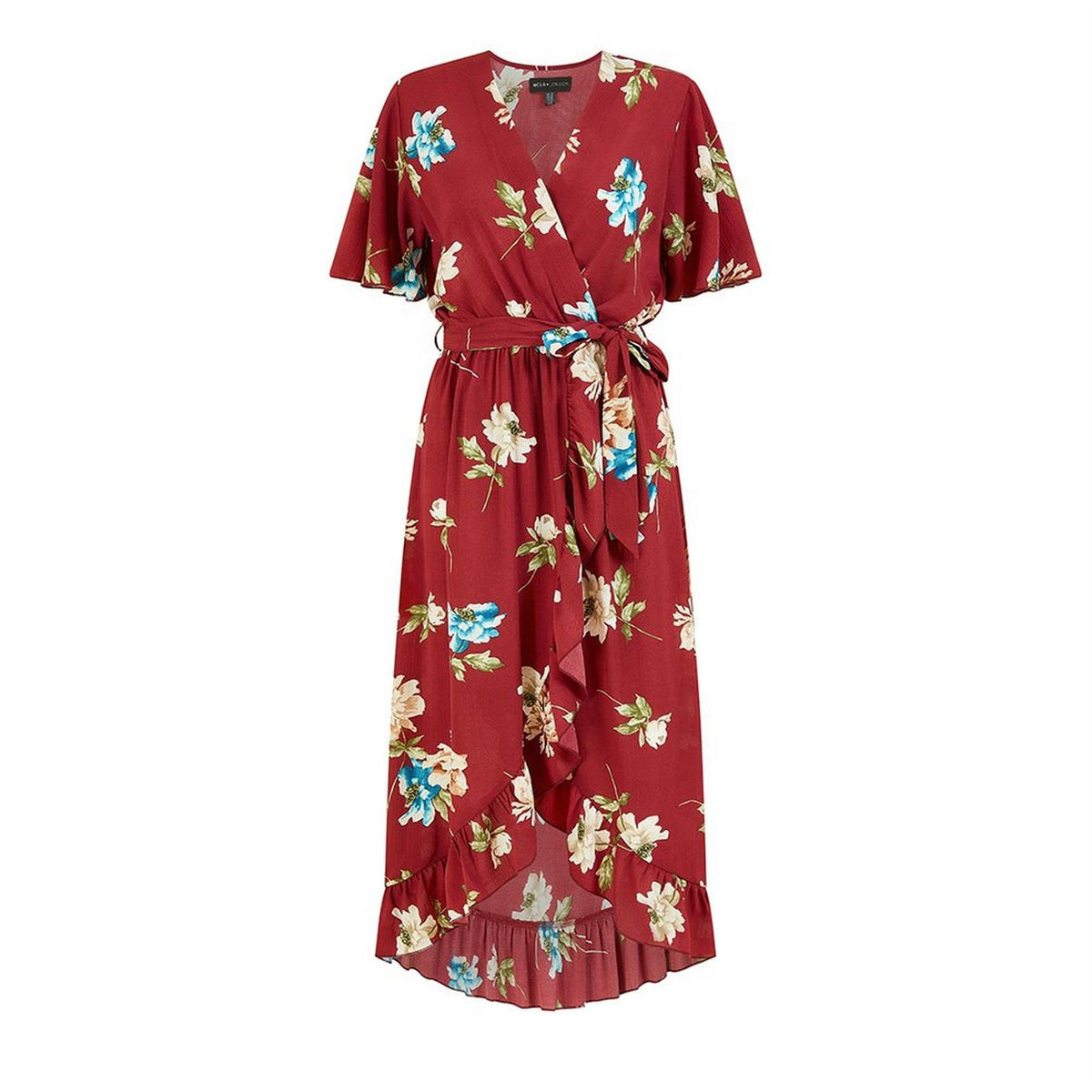 Mela London Red Floral Dip Hem Midi Wrap Dress