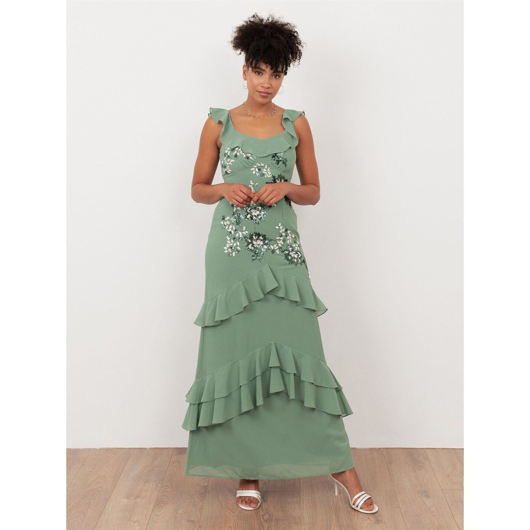 Maya Deluxe Dark Sage Green Embellished Ruffled Maxi Dress With Keyhole Back