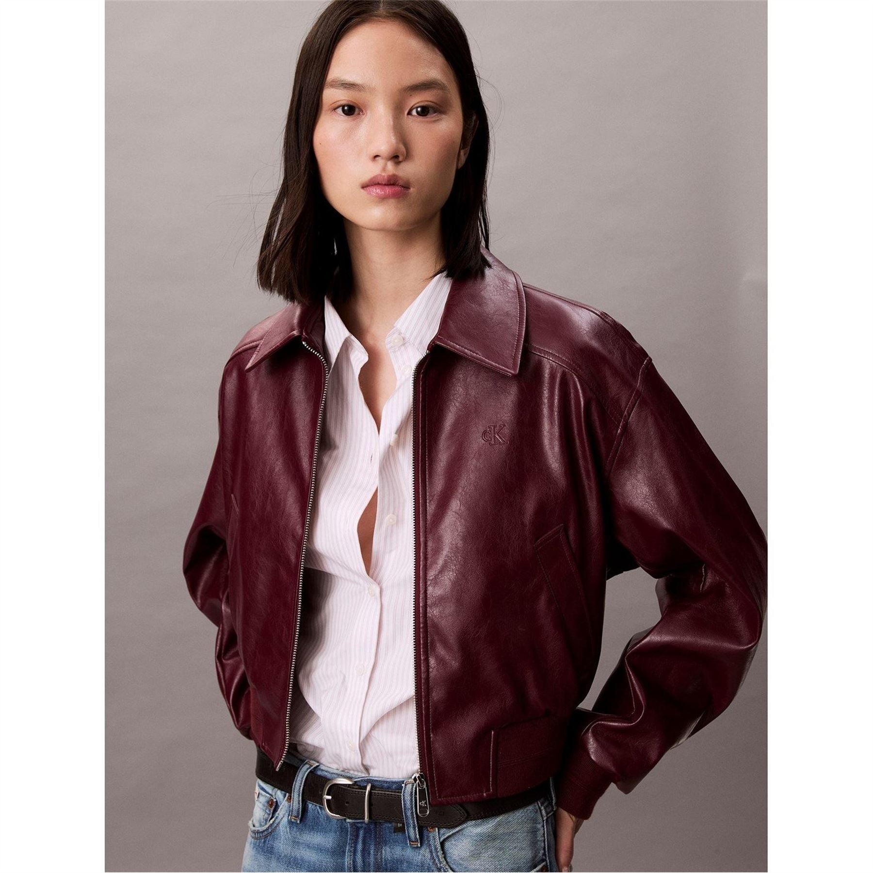 Calvin Klein Jeans Solid Patterned Snap Button Ribbed Cuff Bomber Jacket