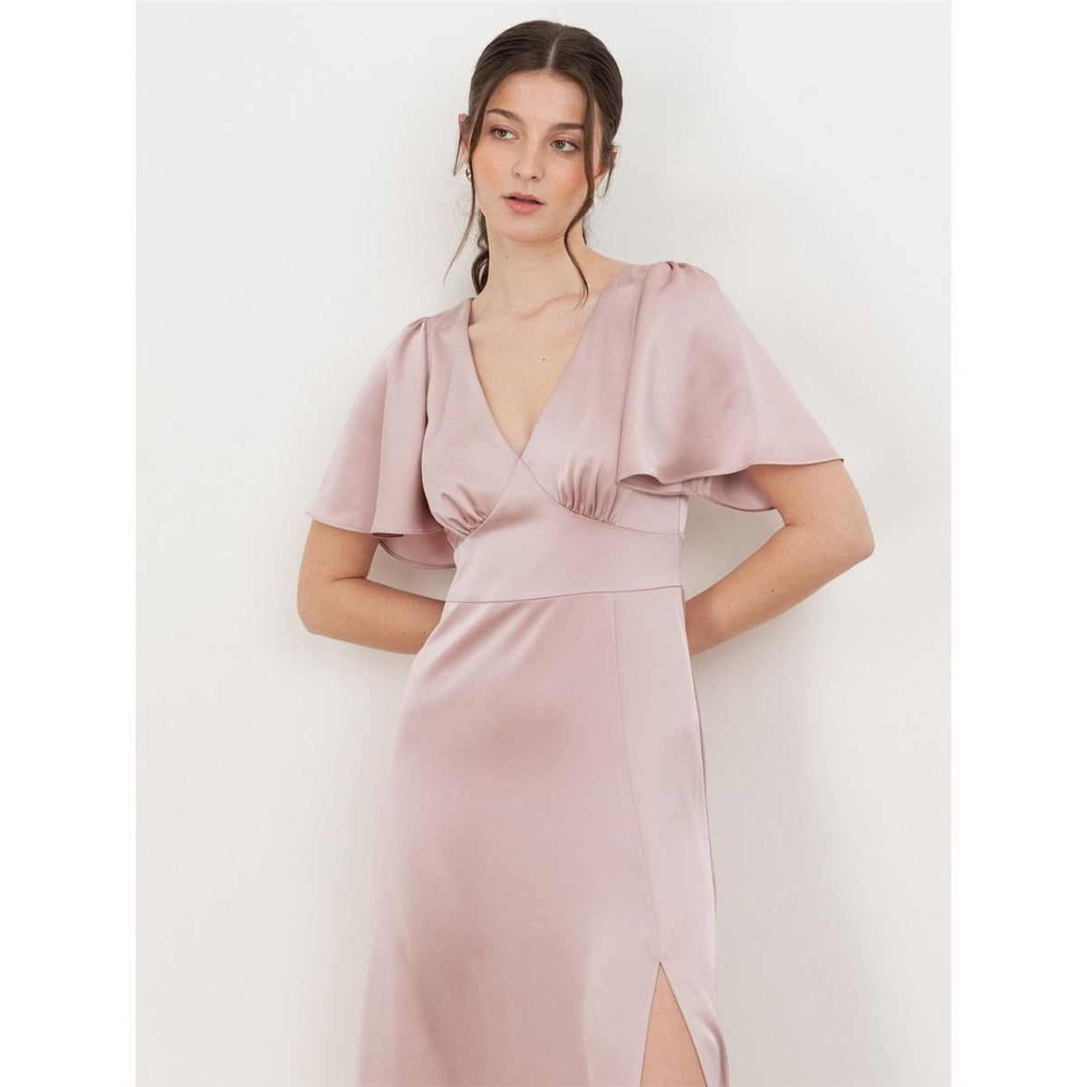 Maya Deluxe Angel Sleeve Satin Bridesmaid Maxi Dress With Split
