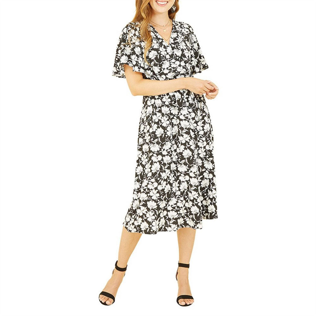 Yumi Black Floral Midi Wrap Dress