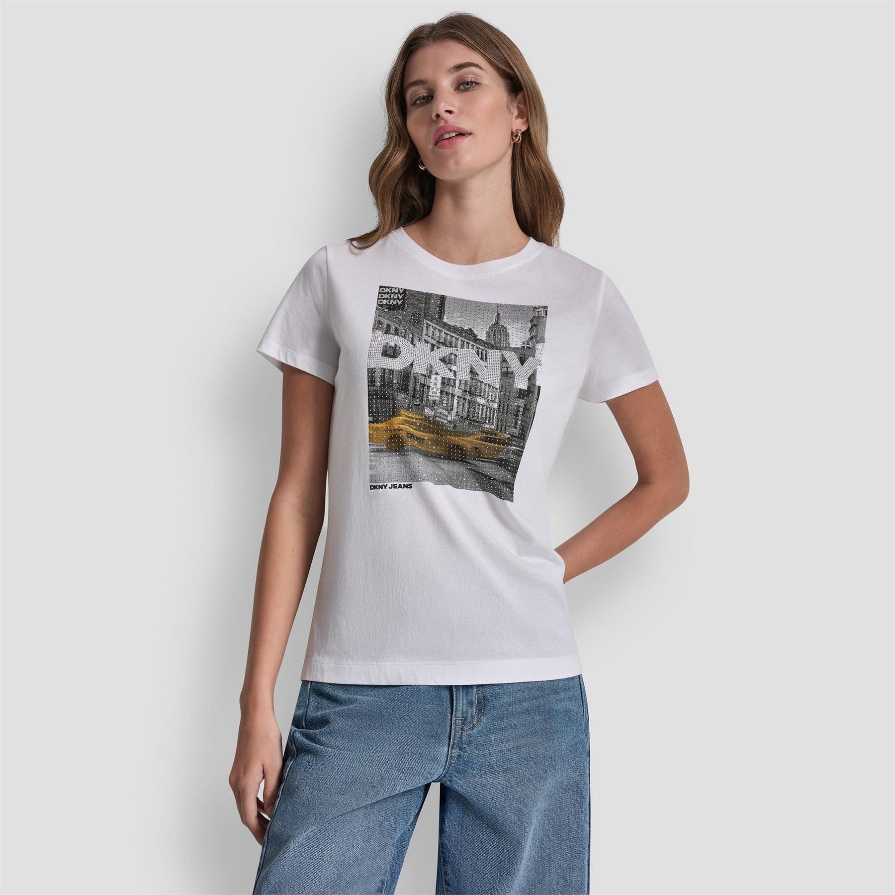 DKNY Rhinestone Taxi Photoreal Logo Crew Neck Tee