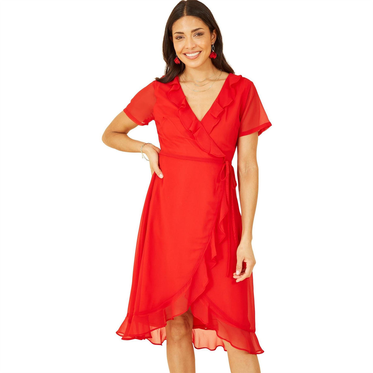 Yumi Frill V-Neck Midi Wrap Dress