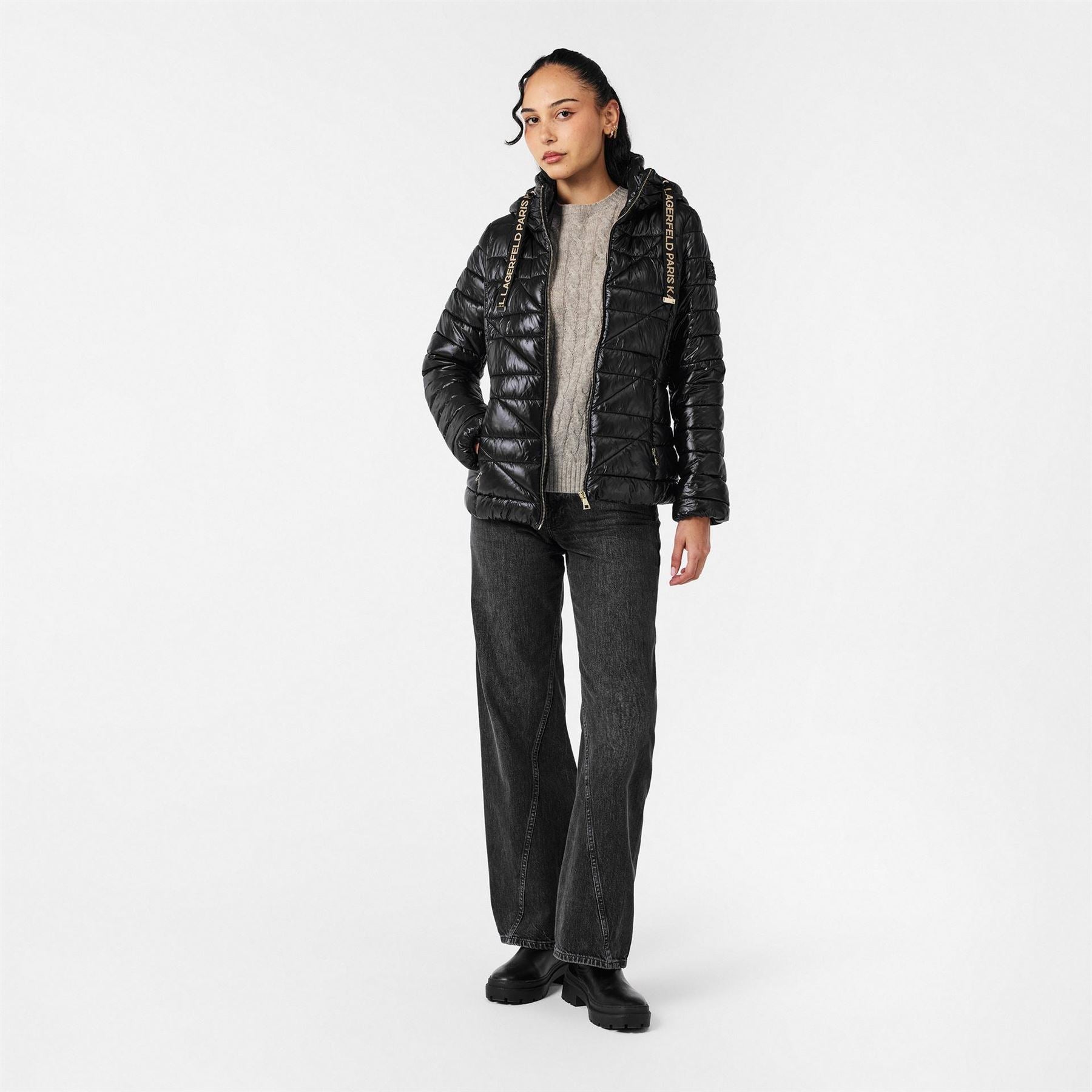 Karl Lagerfeld Solid Patterned Hooded Zipped Pocket Puffer Jacket