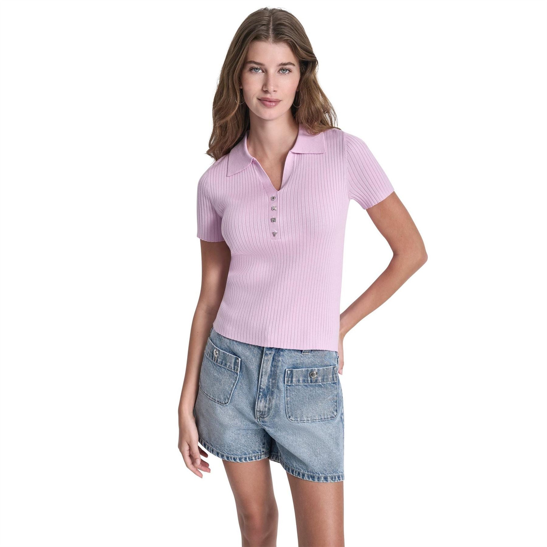 DKNY Jeans Short Sleeve Rib Polo W  Logo Rhinestone Buttons