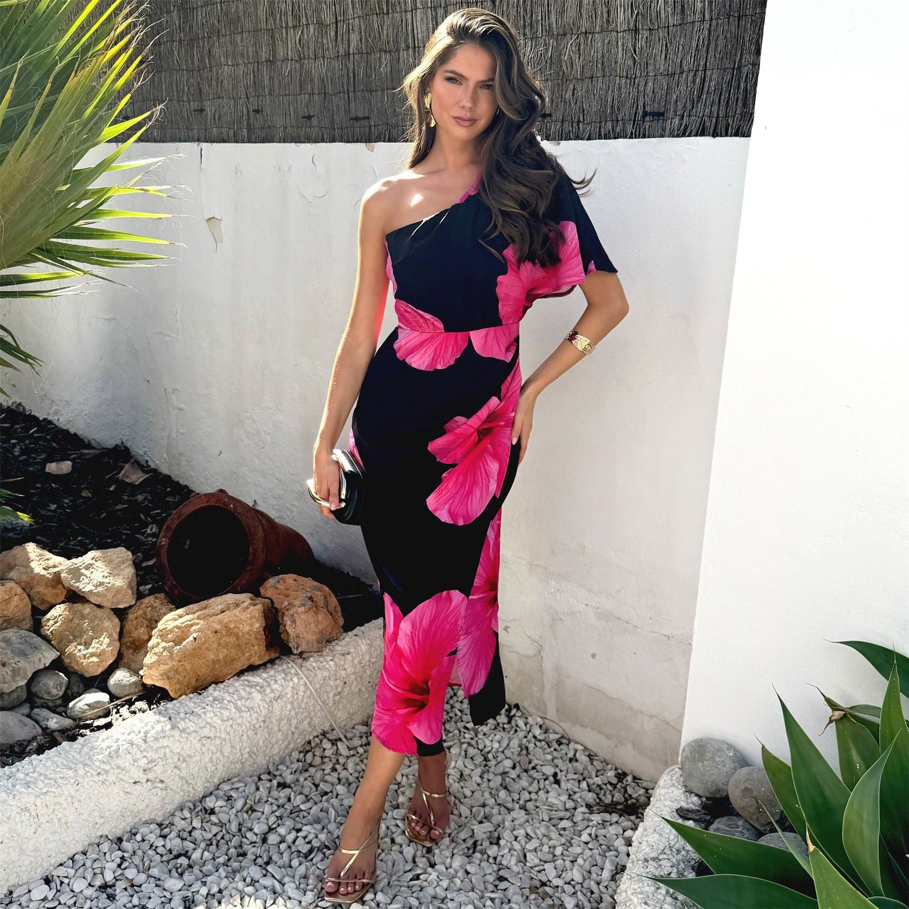 AX Paris And Magenta Floral Print One Sleeve Midi Dress