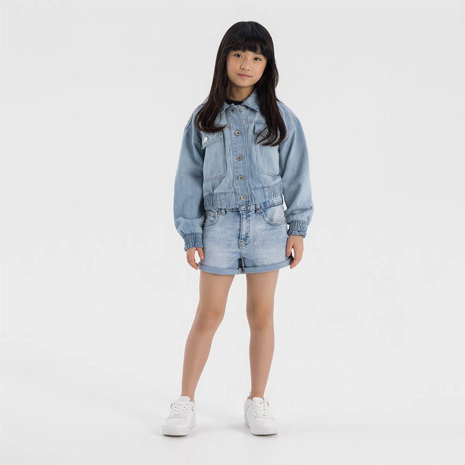 Minoti Girls Cropped Soft Denim Bomber Jacket Light Blue