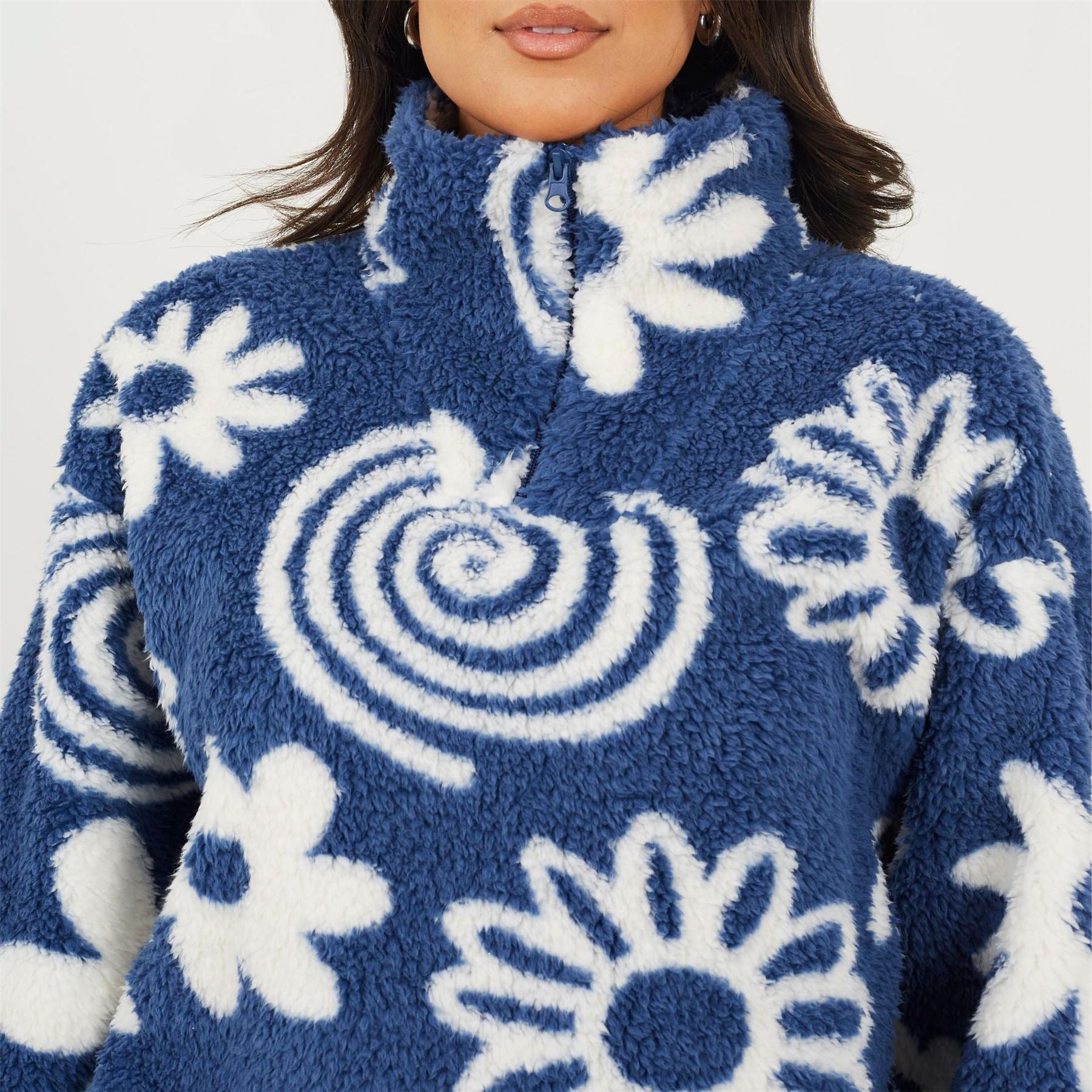 Brave Soul Flower Print High Neck Fleece Sweatshirt