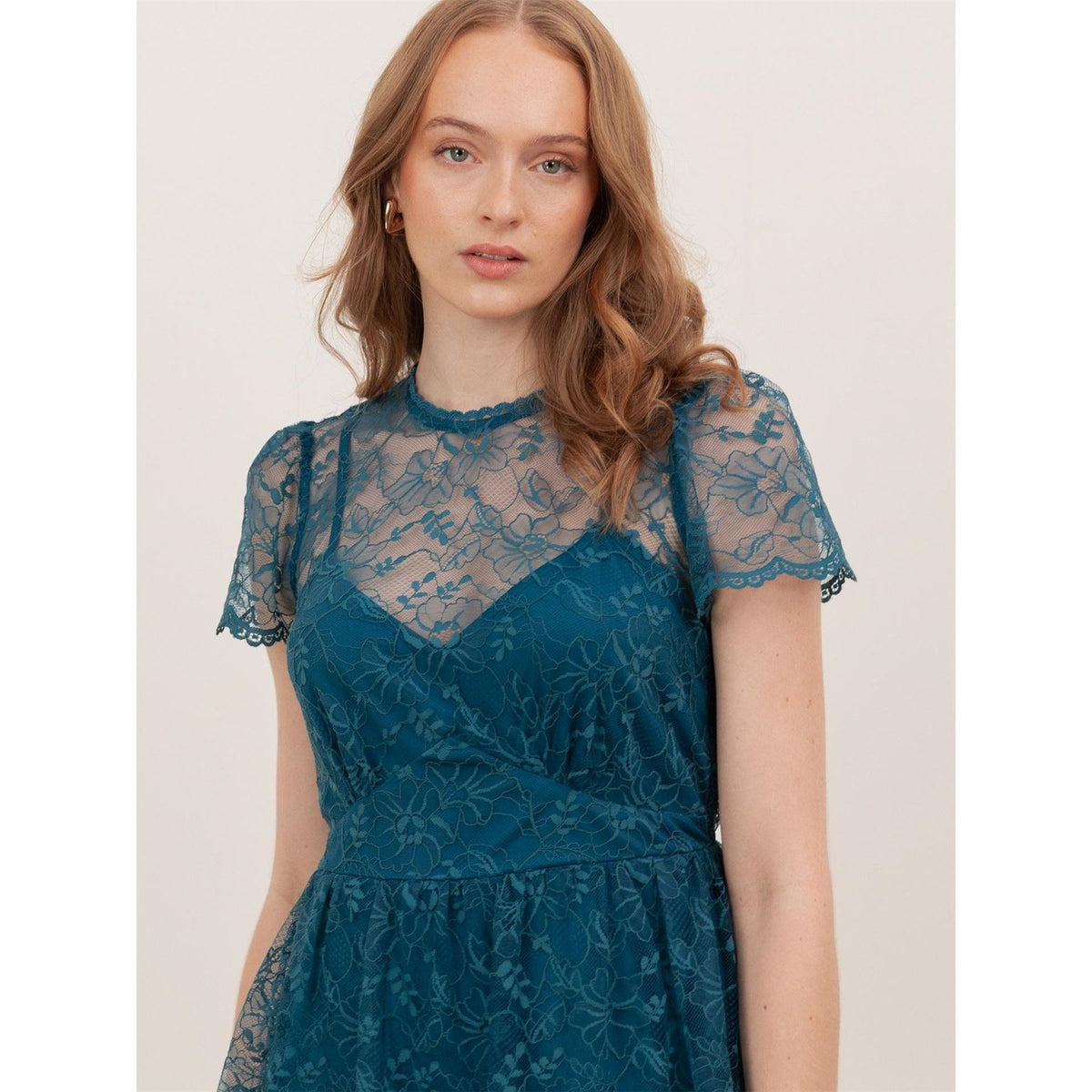 Lovedrobe Teal Floral Lace Short Sleeve Mini Dress