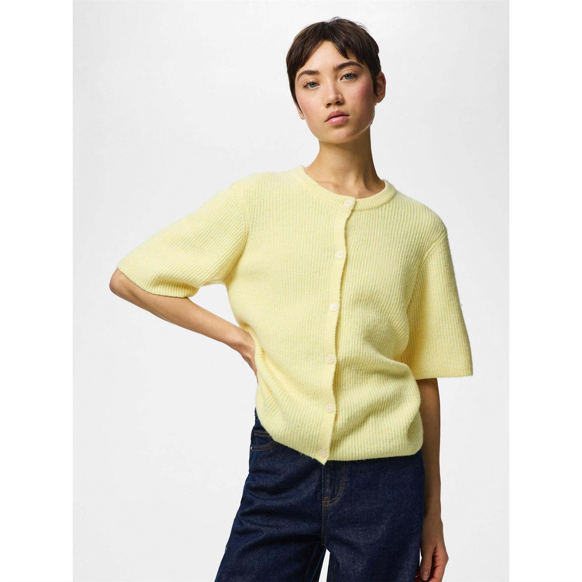 Pieces O-Neck Short Sleeve Button Placket Sweater