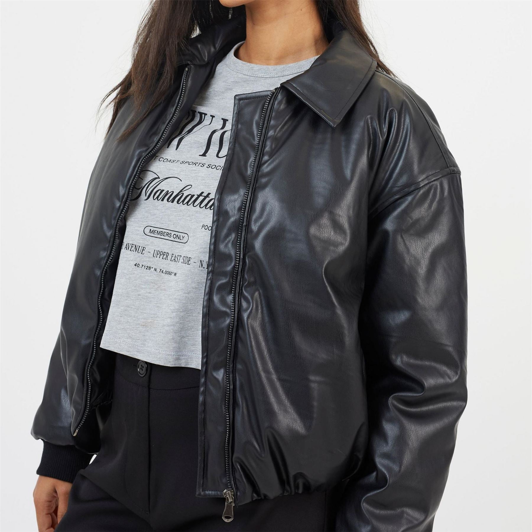 Brave Soul Womens Oversized Faux Leather Bomber Jacket With Collar