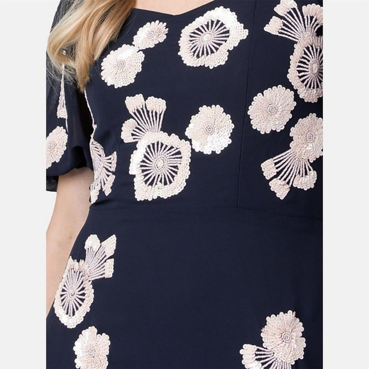 Maya Deluxe Navy Short Sleeve Floral Embellished Maxi Dress