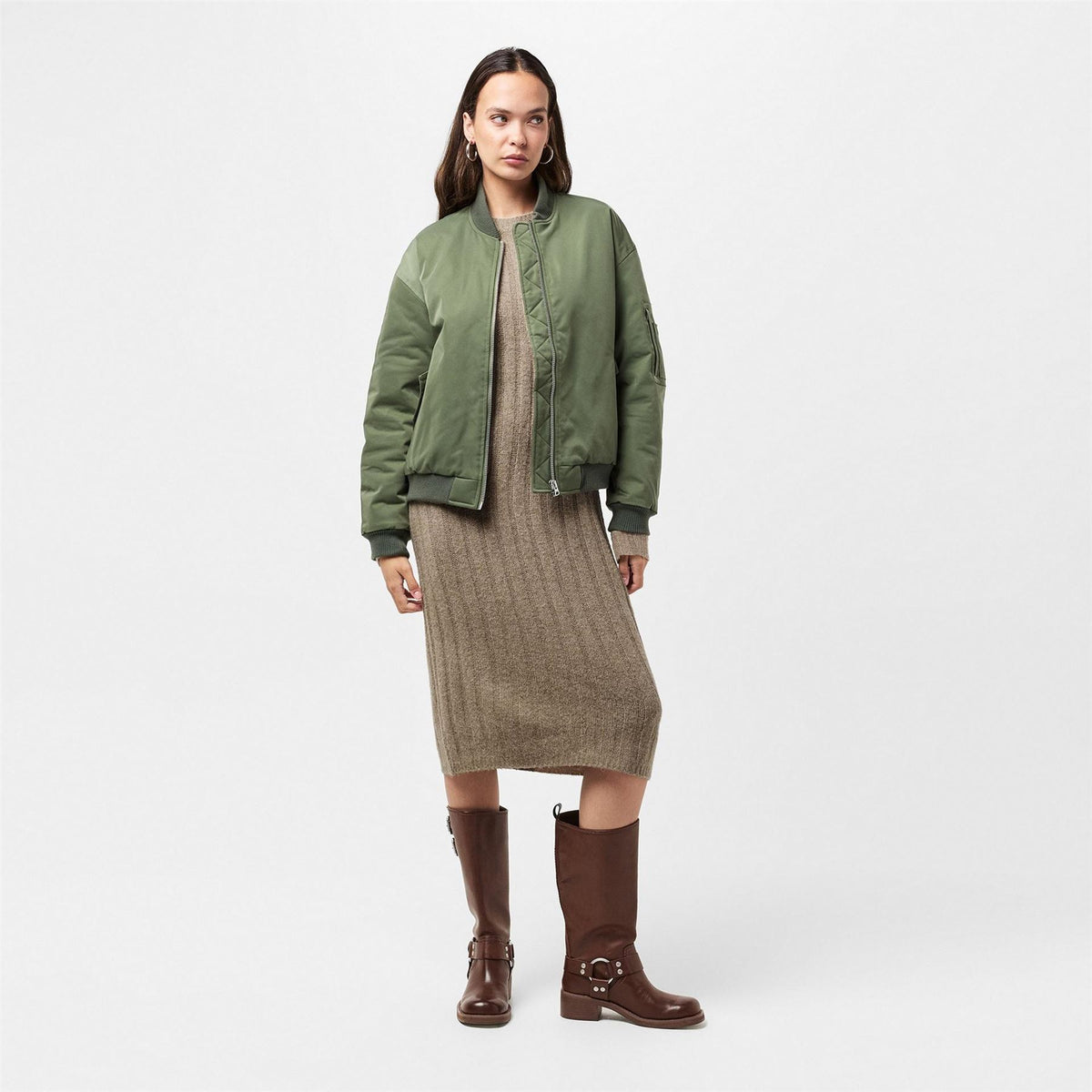 Pieces Knit Crew Neck Ribbed Cuff Midi Sweater Dress