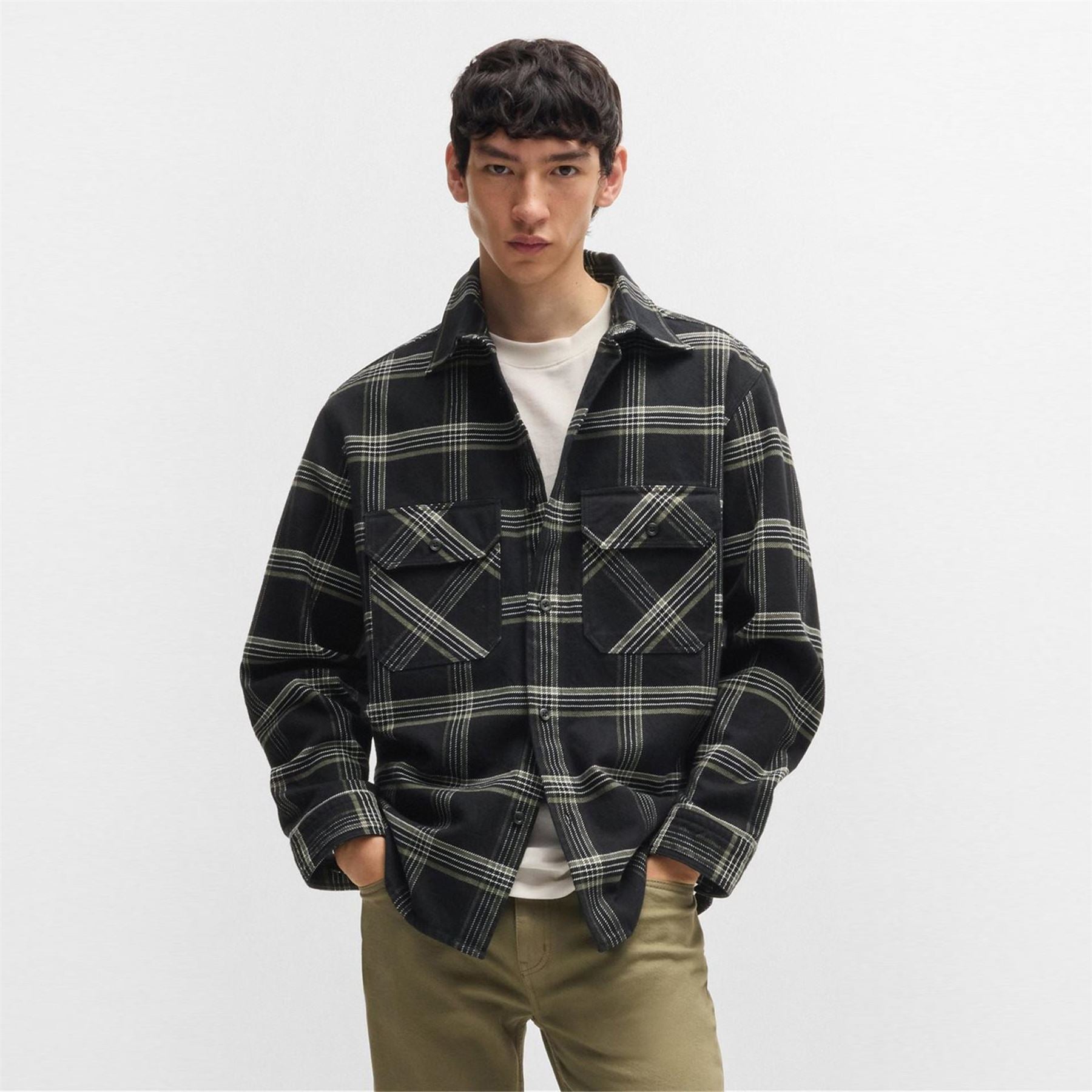 Hugo Oversized Check Cotton Long Sleeve Overshirt