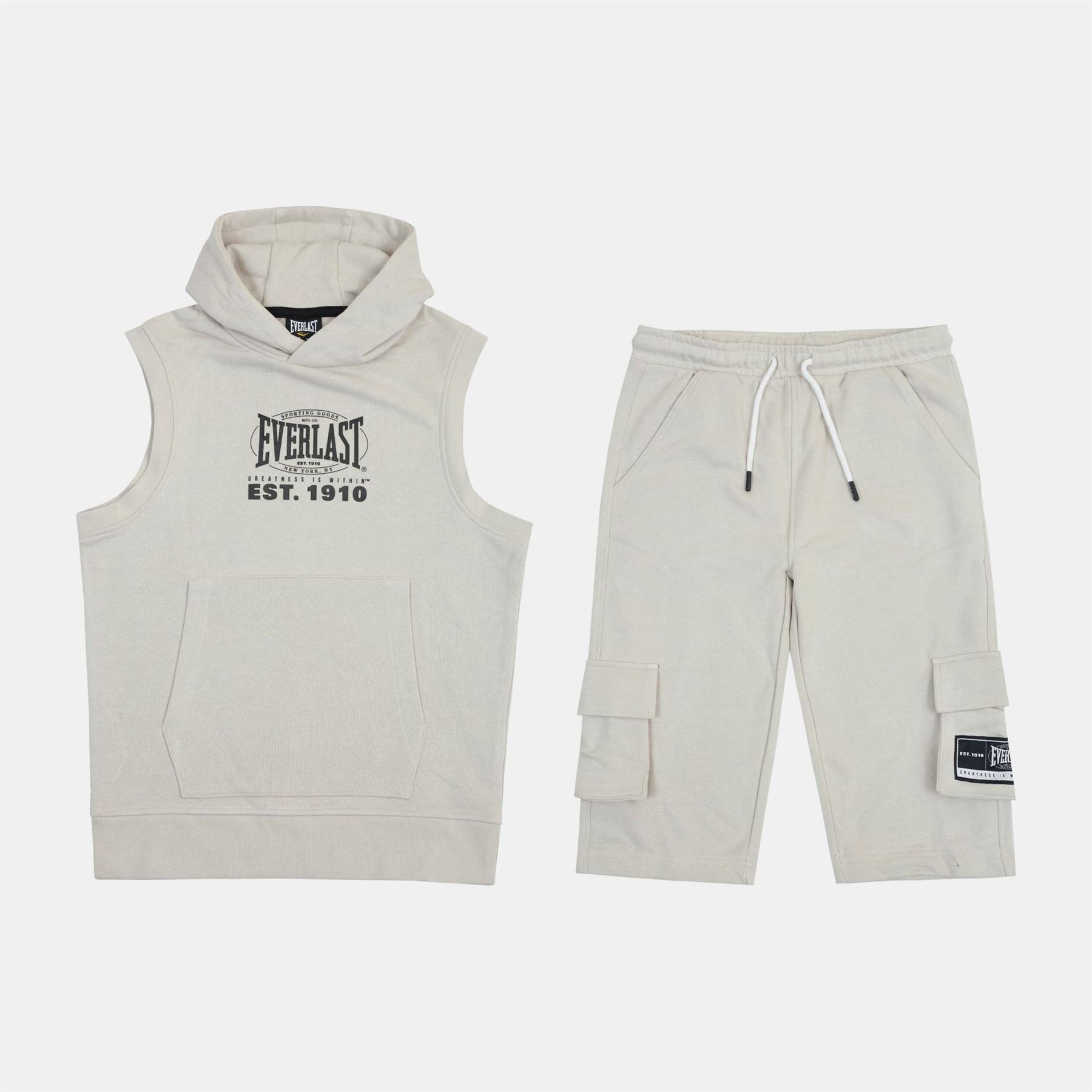 Everlast Wordmark Hooded Neck Sleeveless Sweatshirt and Cargo Shorts Set