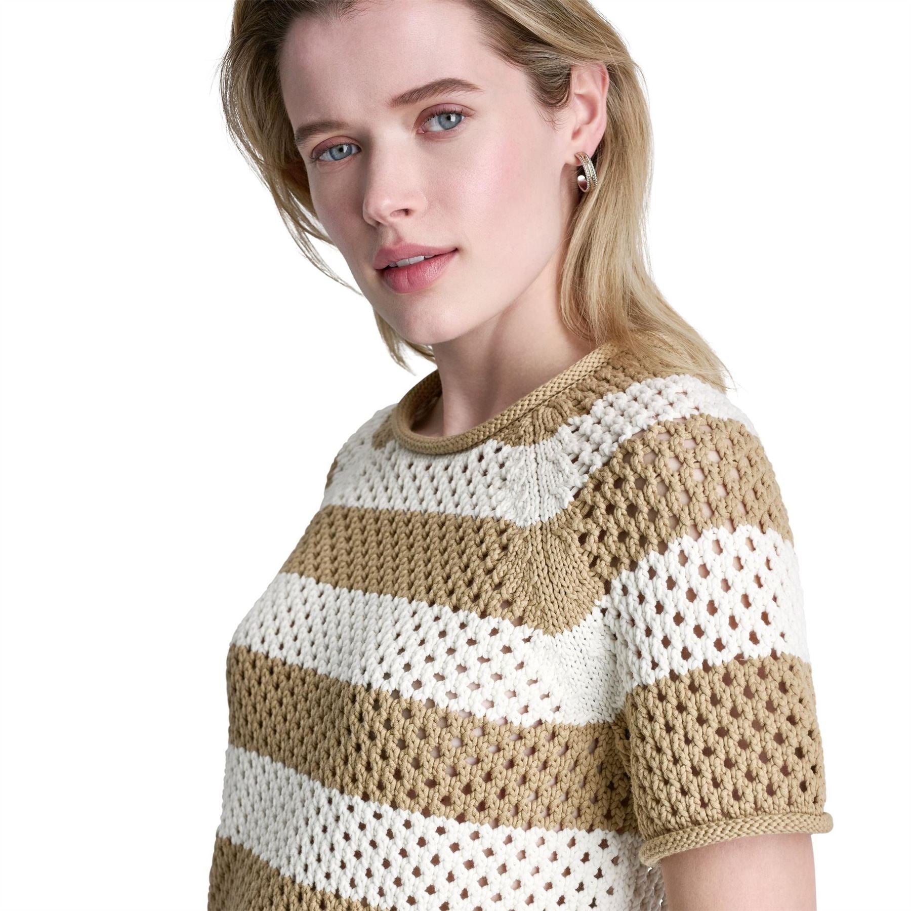 DKNY Short Sleeve Raglan Stripe Pointelle Sweater