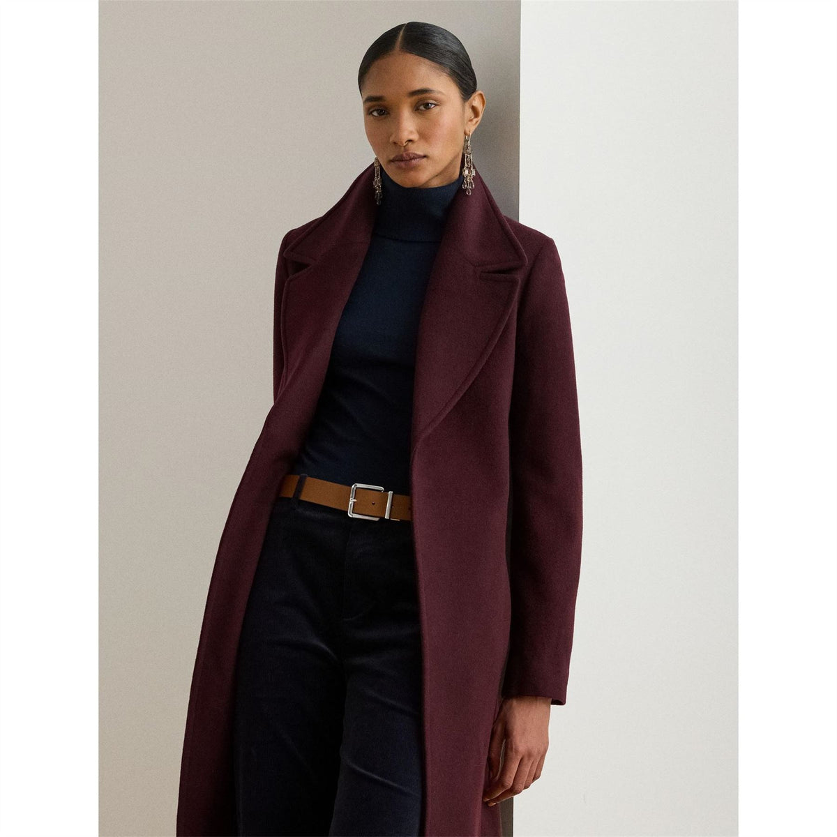 Lauren by Ralph Lauren Wool Solid Patterned Wrap Coat with Lapel Collar