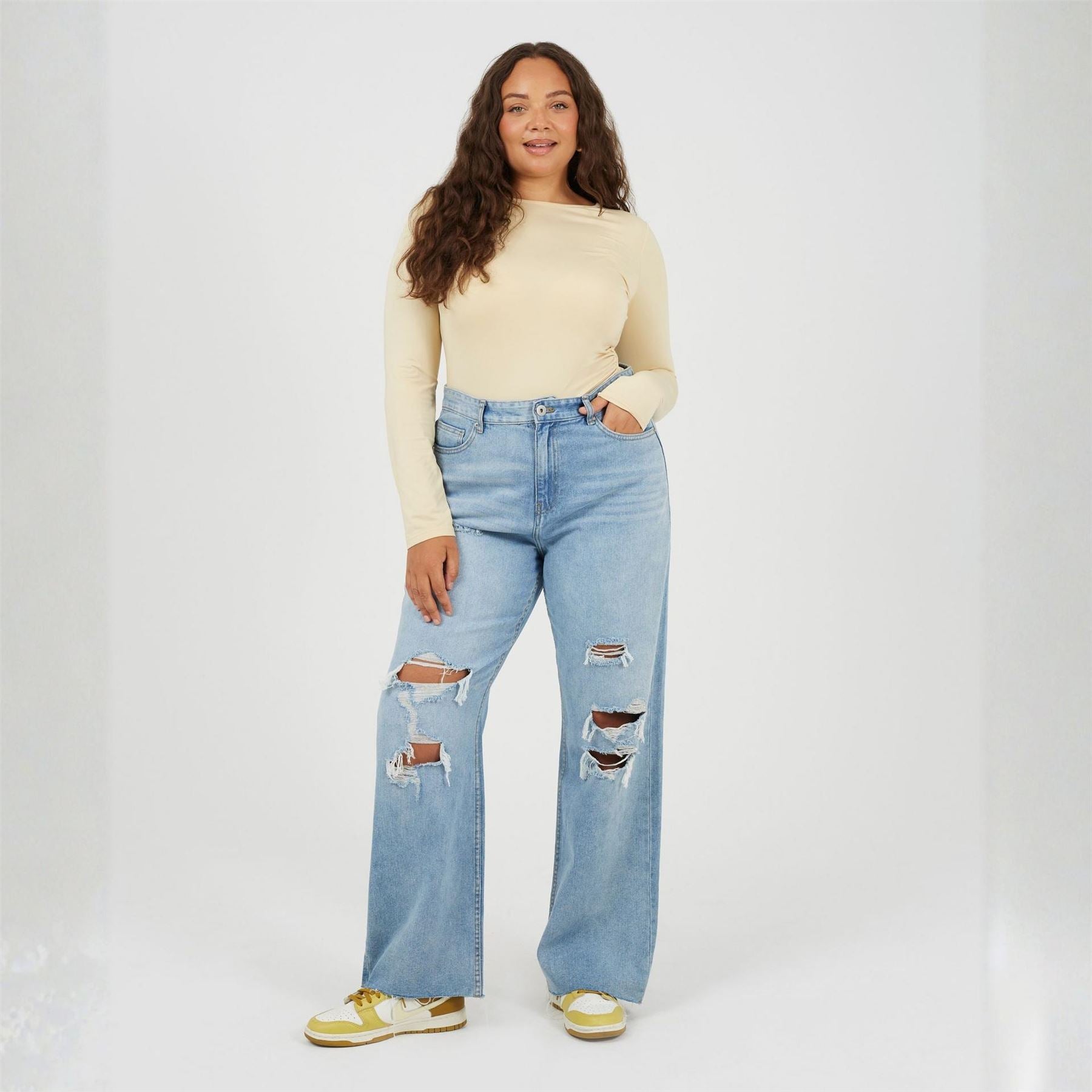 Brave Soul Womens Plus Size Wide Leg High Waist Distressed Jeans