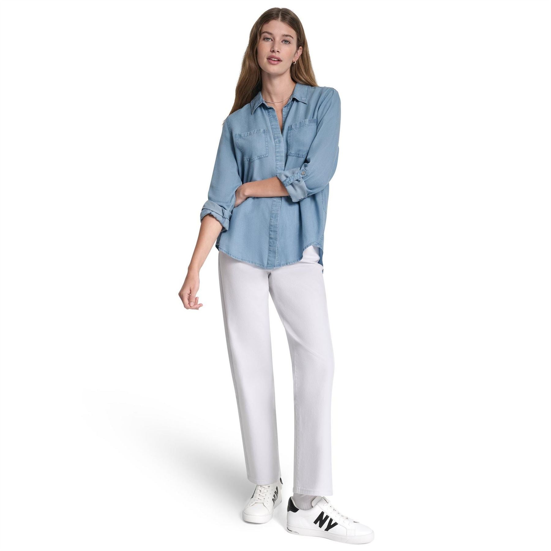 DKNY Jeans Split Back Button Front Tencel Shirt W  Roll Tab Sleeve