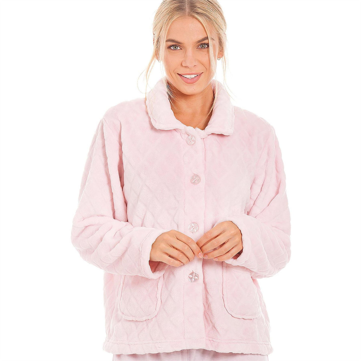 Camille Fleece Diamond Print Bed Jacket With Pockets