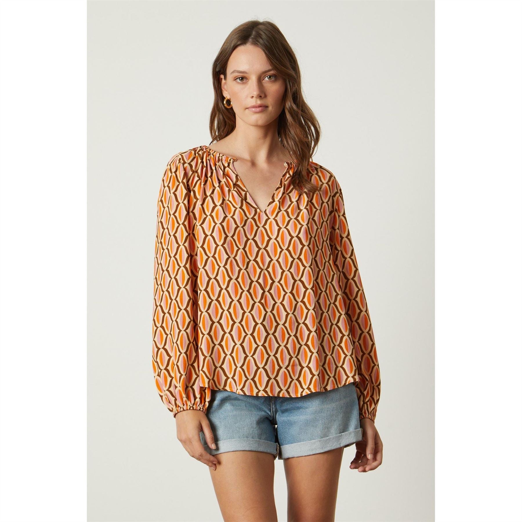 Velvet by Graham and Spencer Geo Geographic Print Balloon Sleeve V-Neck Blouse
