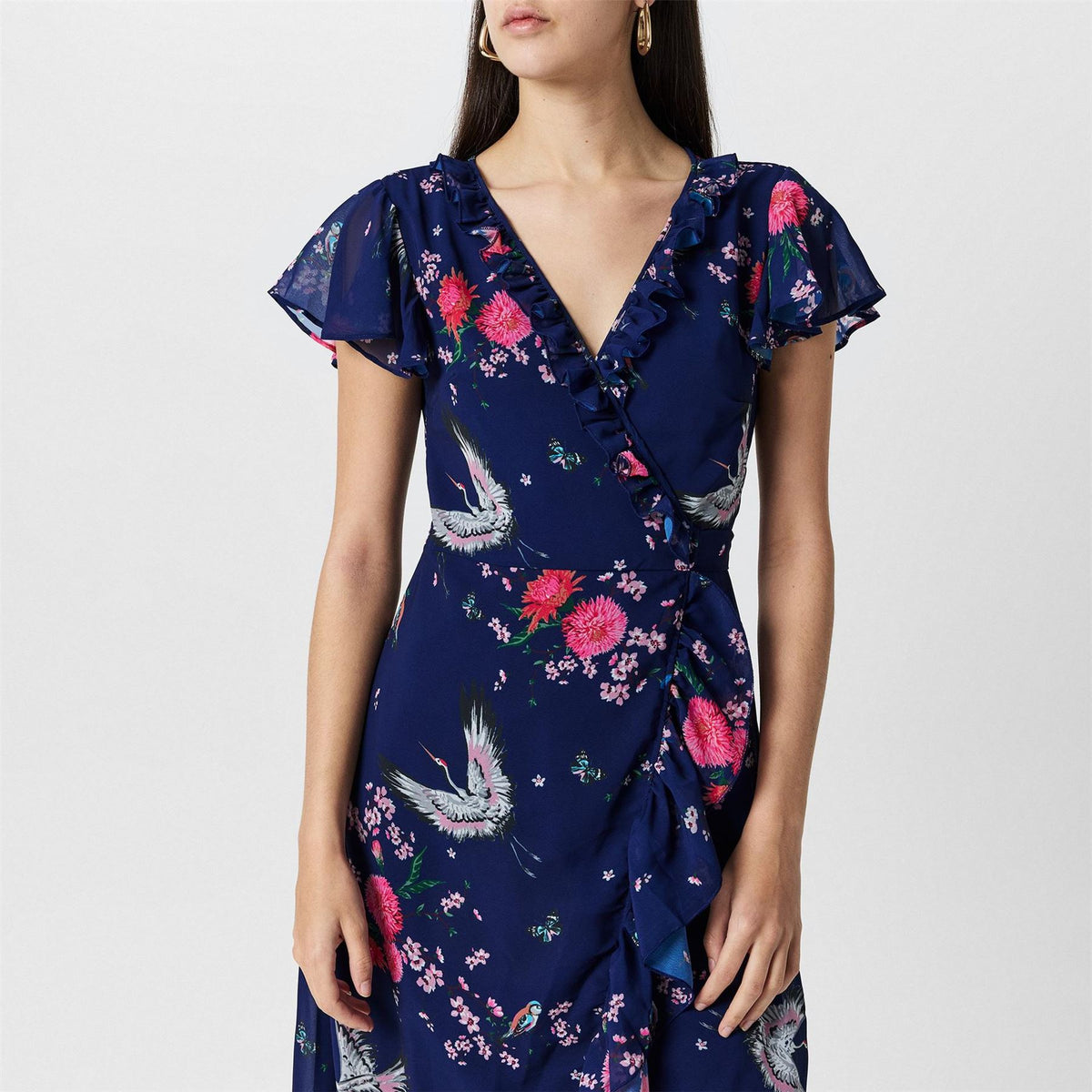 Yumi Crane Print V-Neck Midi Wrap Dress