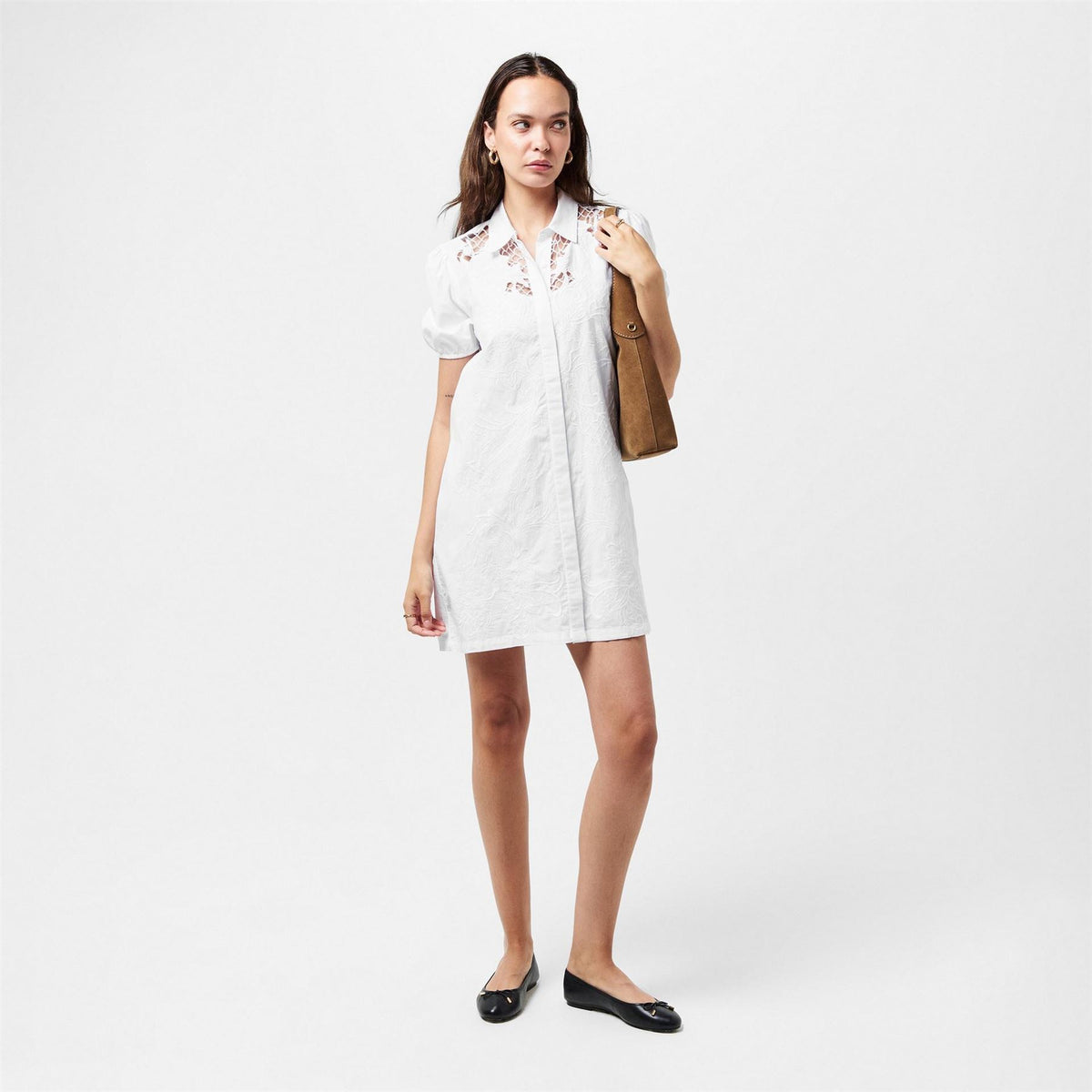 French Connection Mini Shirt Dress with Puff Sleeves and Embroidery