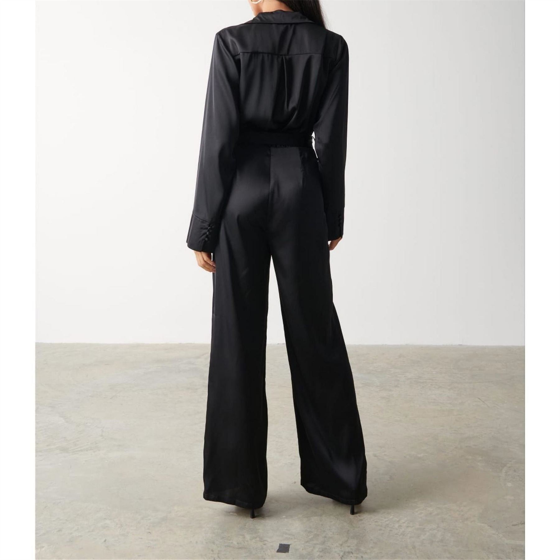 Pretty Lavish Carmen Collared Satin Long Sleeve Jumpsuit