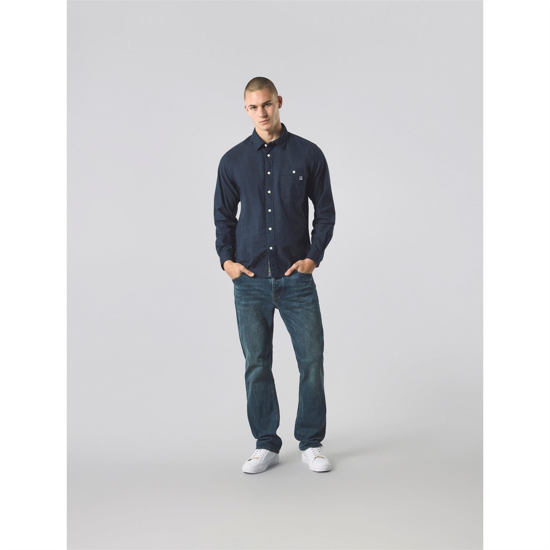 Pretty Green Button Down Collar Long Sleeve Shirt with Chest Pocket