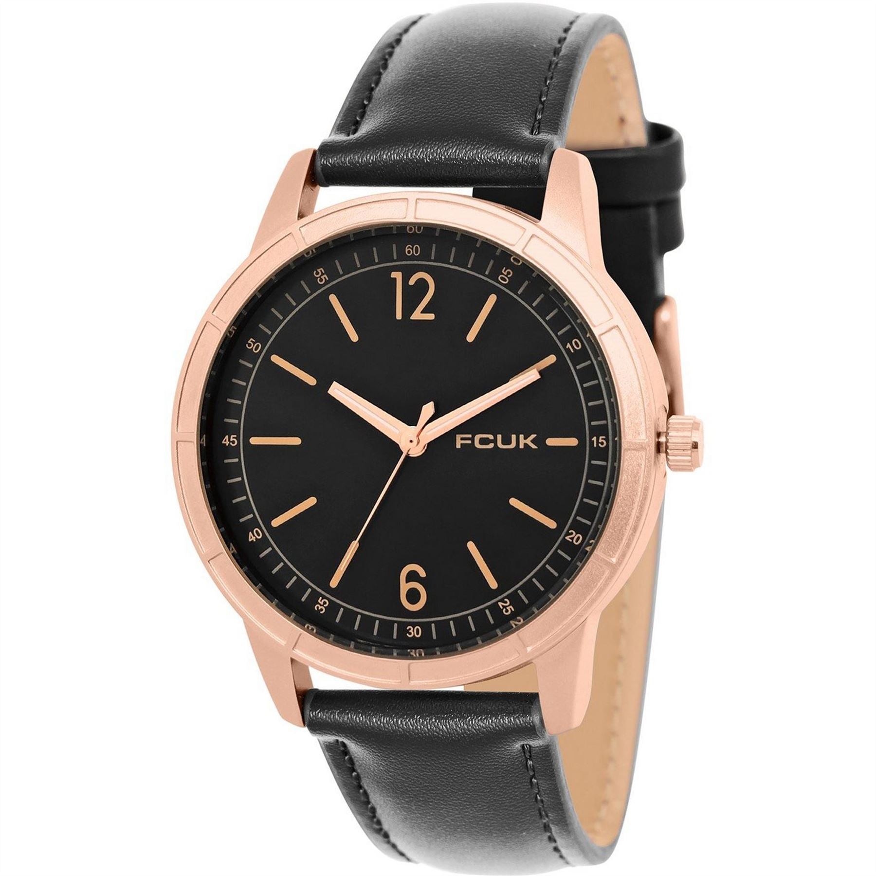 FCUK Rose Case Round Shape Black Strap Quartz Watch
