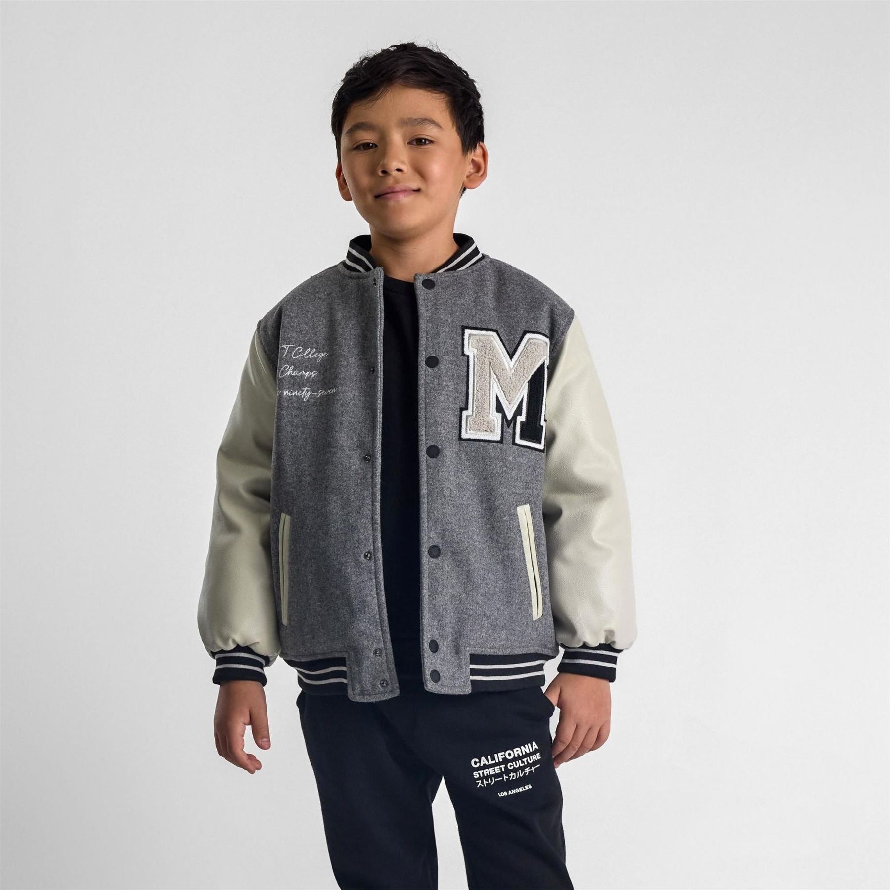 Minoti Boys Varsity Jacket With Snap Buttons And Pu Sleeves Grey
