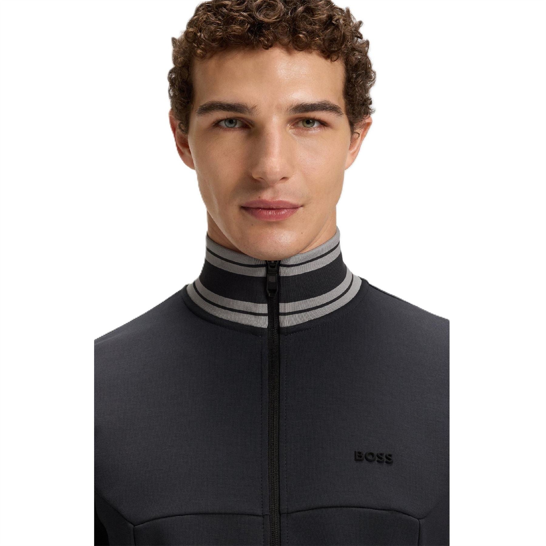 Boss Horizontal Stripe Patterned Zipped Pocket Ribbed Cuff Track Jacket