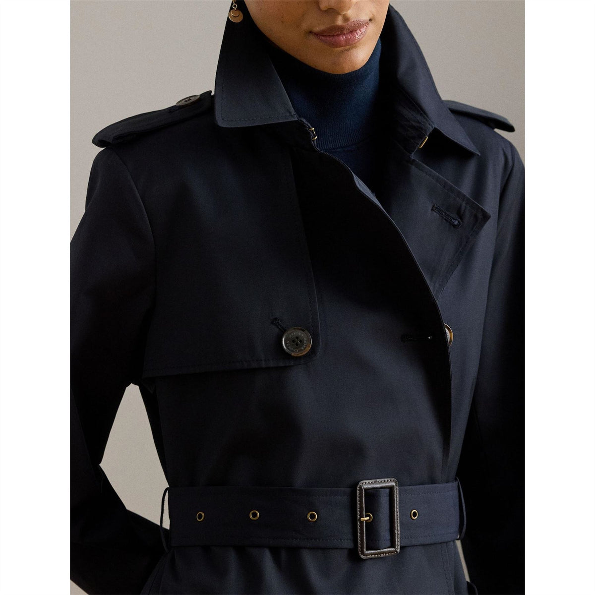 Lauren by Ralph Lauren Solid Patterned Trench Coat with Button Placket and Storm Flap